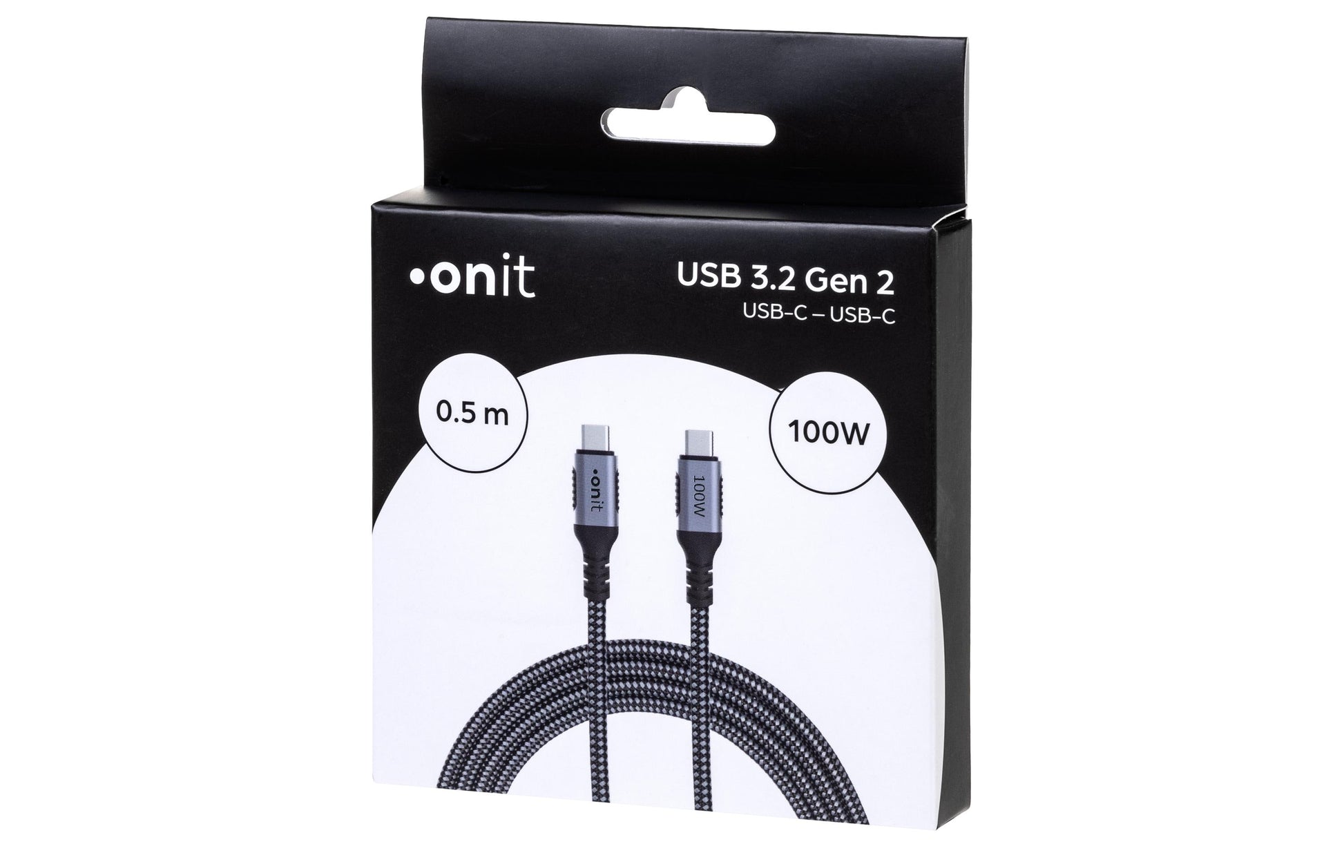 ONIT USB-C auf USB-C Kabel – USB 3.2 Gen 2 (10 Gbit/s) – 0,5 m – PD 100 W – Textilmantel – Schwarz/Grau
