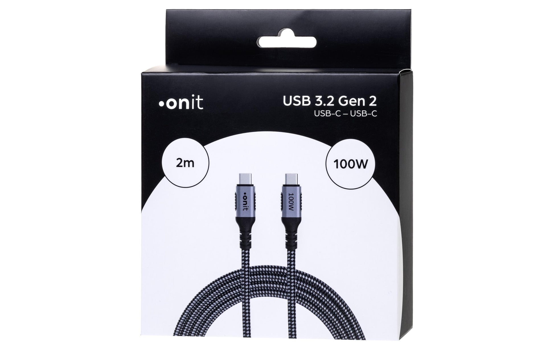 ONIT USB-C auf USB-C Kabel – USB 3.2 Gen 2 (10 Gbit/s) – 2 m – PD 100 W – Textilmantel – Schwarz/Grau