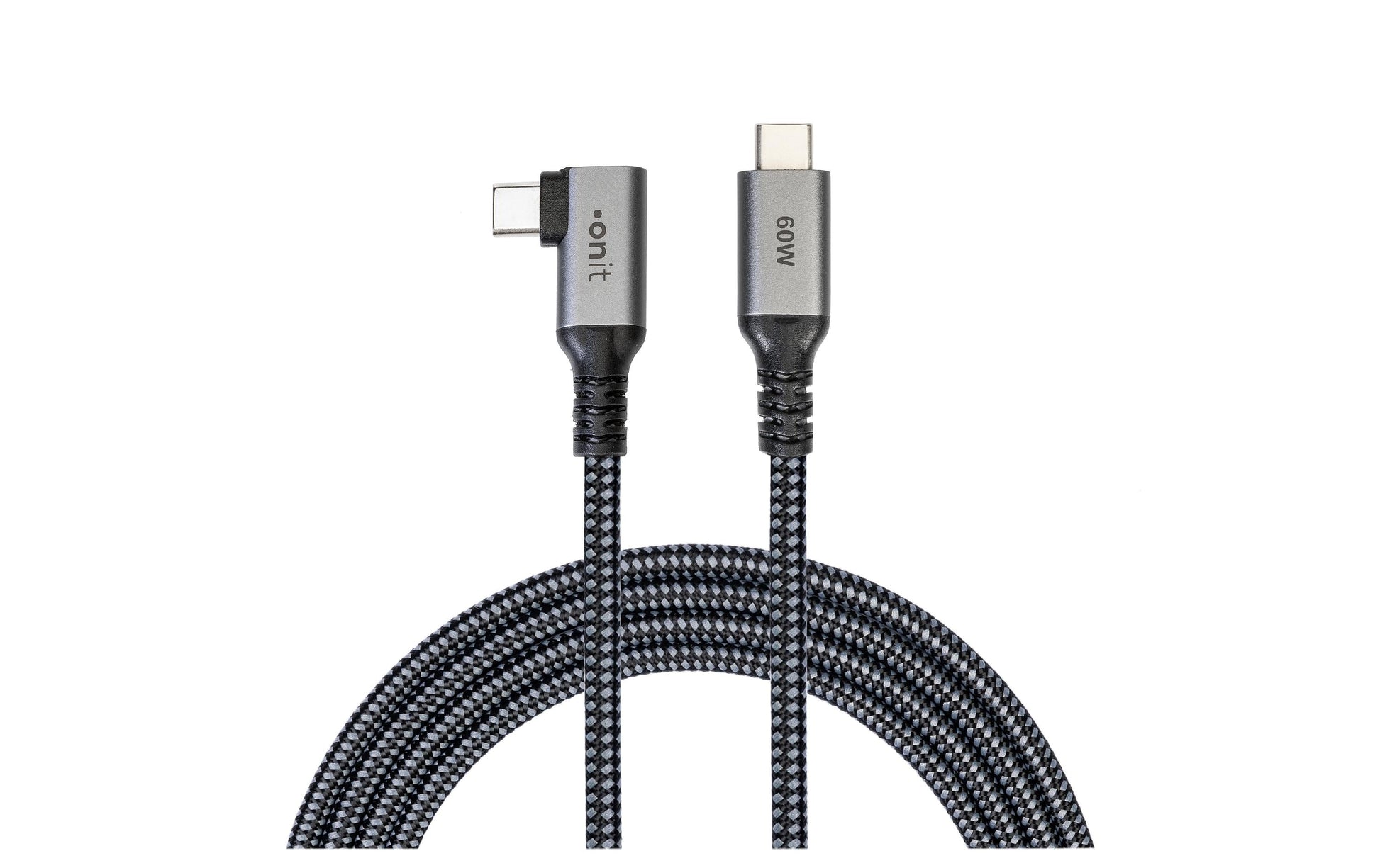 ONIT USB-C auf USB-C Kabel – USB4 20 Gbit/s – 5 m – PD 60 W – Textilmantel, Abgewinkelt – Schwarz/Grau