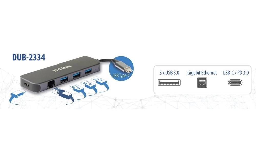 D-Link DUB-2334 Multiport-Adapter – USB-C, 3× USB-A, 60 W PD, GbE, für Windows/Mac