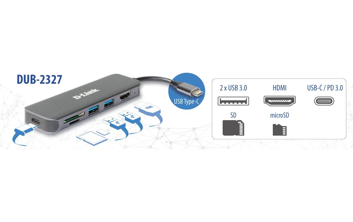 D-Link DUB-2327 USB-Hub – USB-C, 1× HDMI, 2× USB-A, 60 W PD, SD/microSD, für Windows/Mac