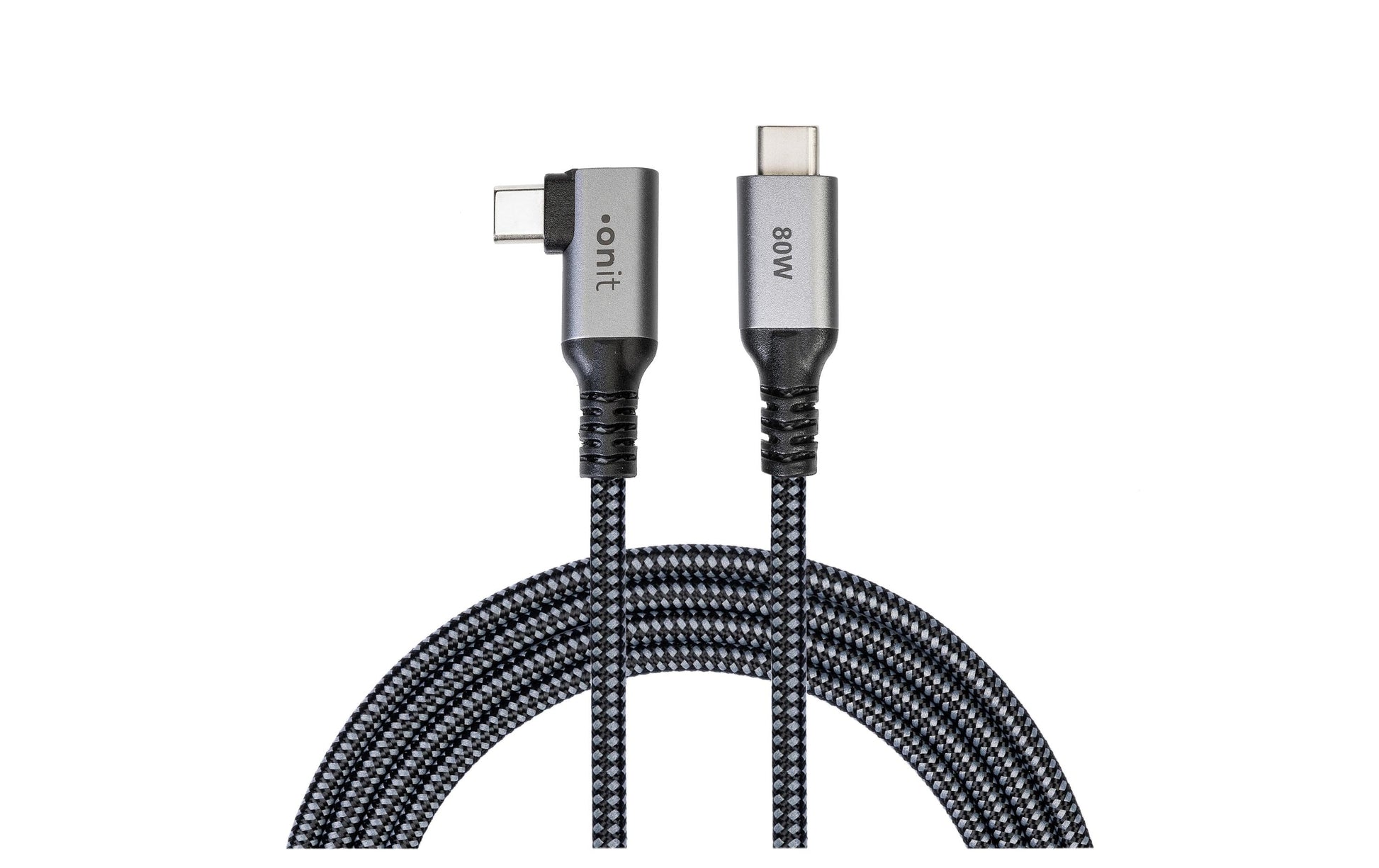ONIT USB-C auf USB-C Kabel – USB4 20 Gbit/s – 3 m – PD 80 W – Abgewinkelt, Textilmantel – Schwarz/Grau