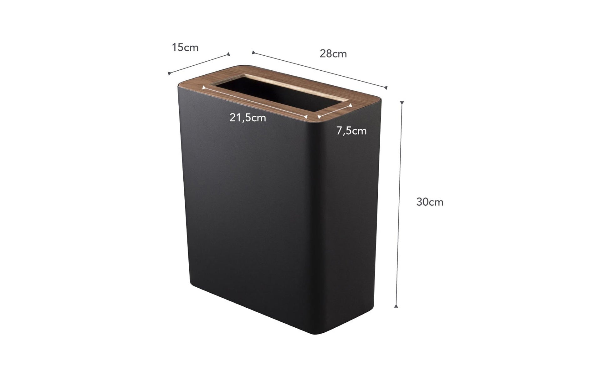 Yamazaki Papierkorb – 10 l – Metall, Schwarz, Walnuss – B × H × T 150 × 300 × 280 mm