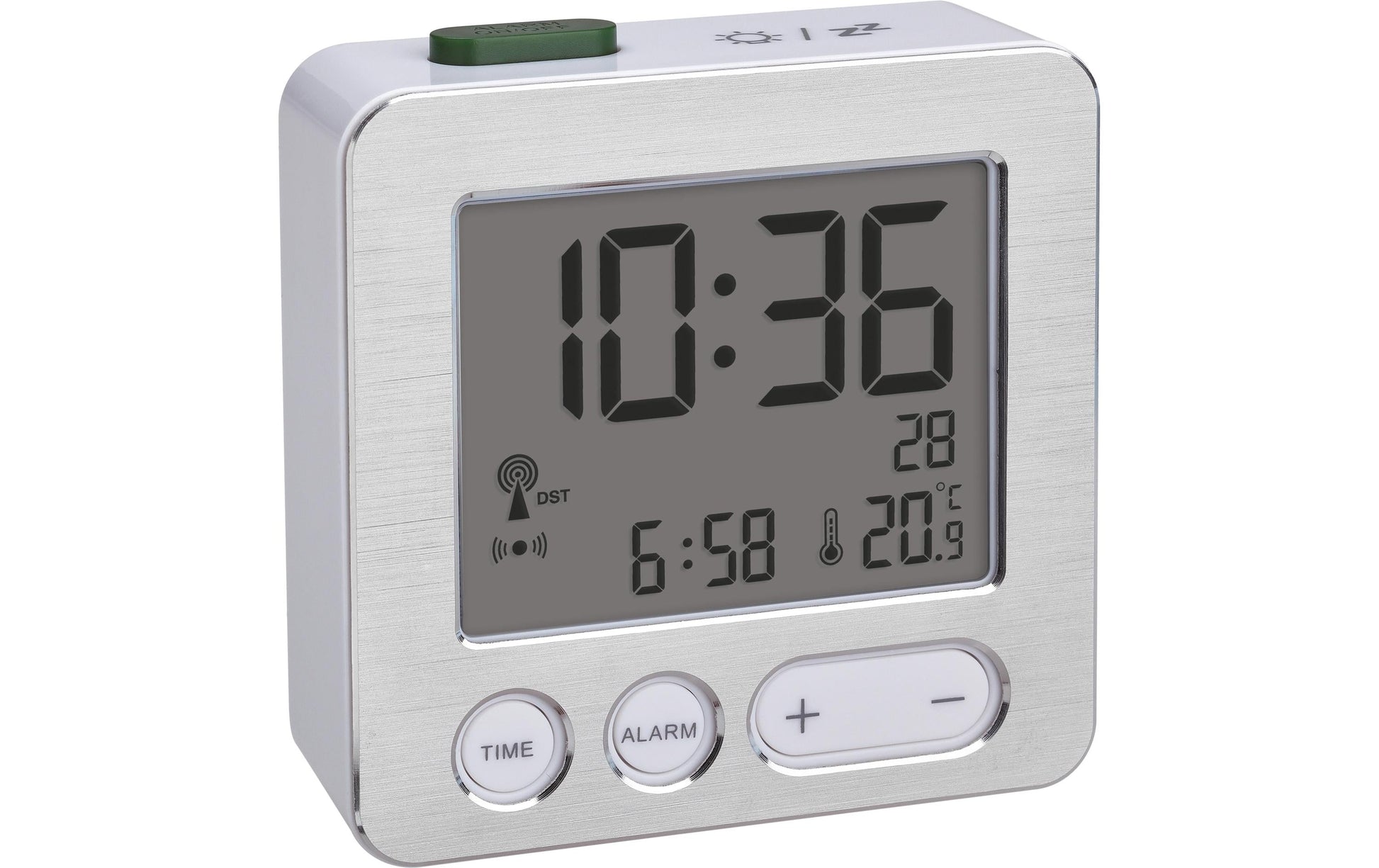 TFA-Dostmann Digitalwecker – Funk, Snooze, Thermometer, 6,6 × 2,2 × 6,8 cm, Silber