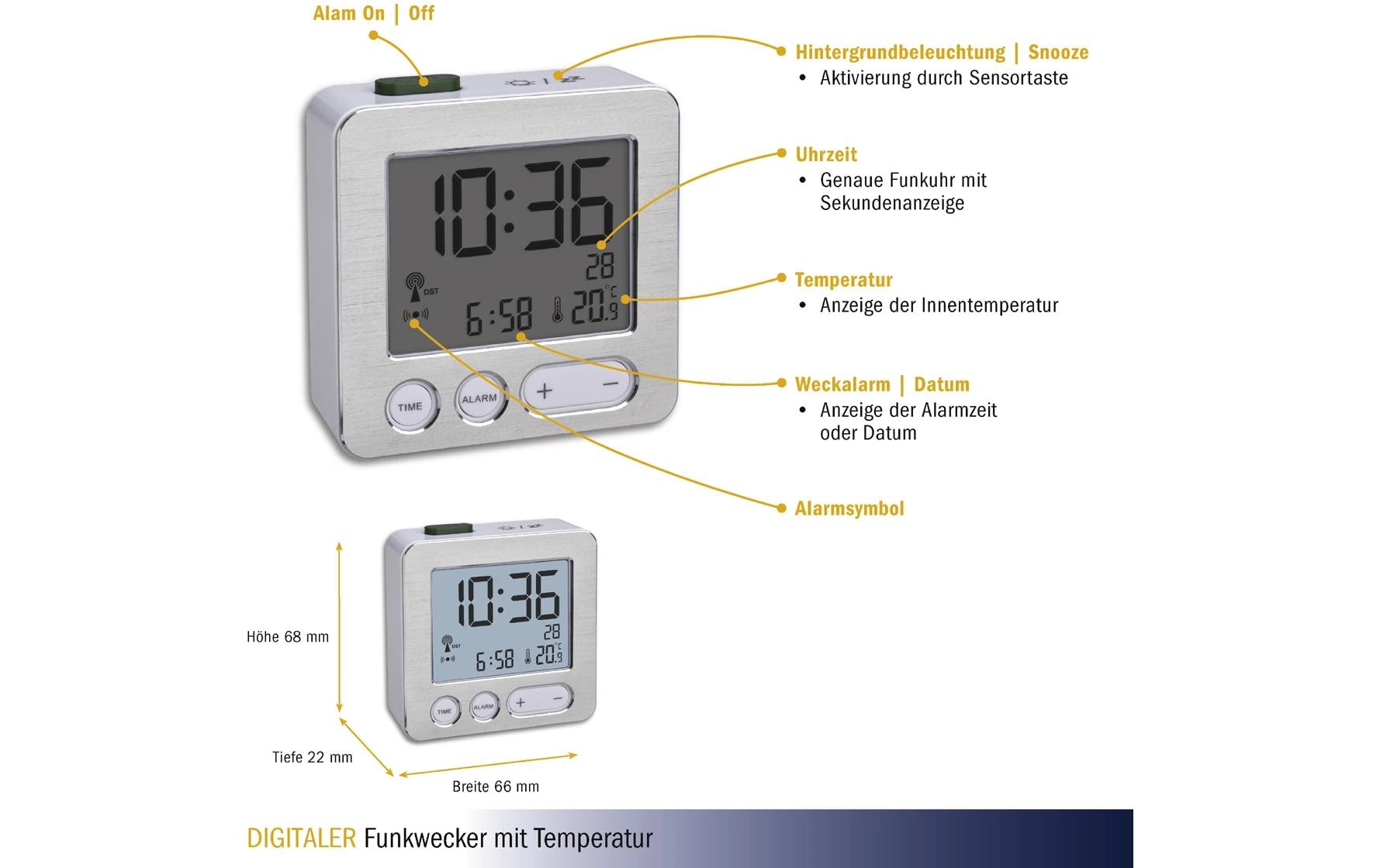 TFA-Dostmann Digitalwecker – Funk, Snooze, Thermometer, 6,6 × 2,2 × 6,8 cm, Silber