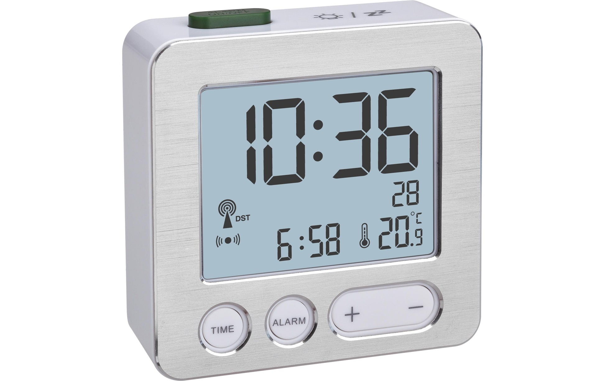 TFA-Dostmann Digitalwecker – Funk, Snooze, Thermometer, 6,6 × 2,2 × 6,8 cm, Silber