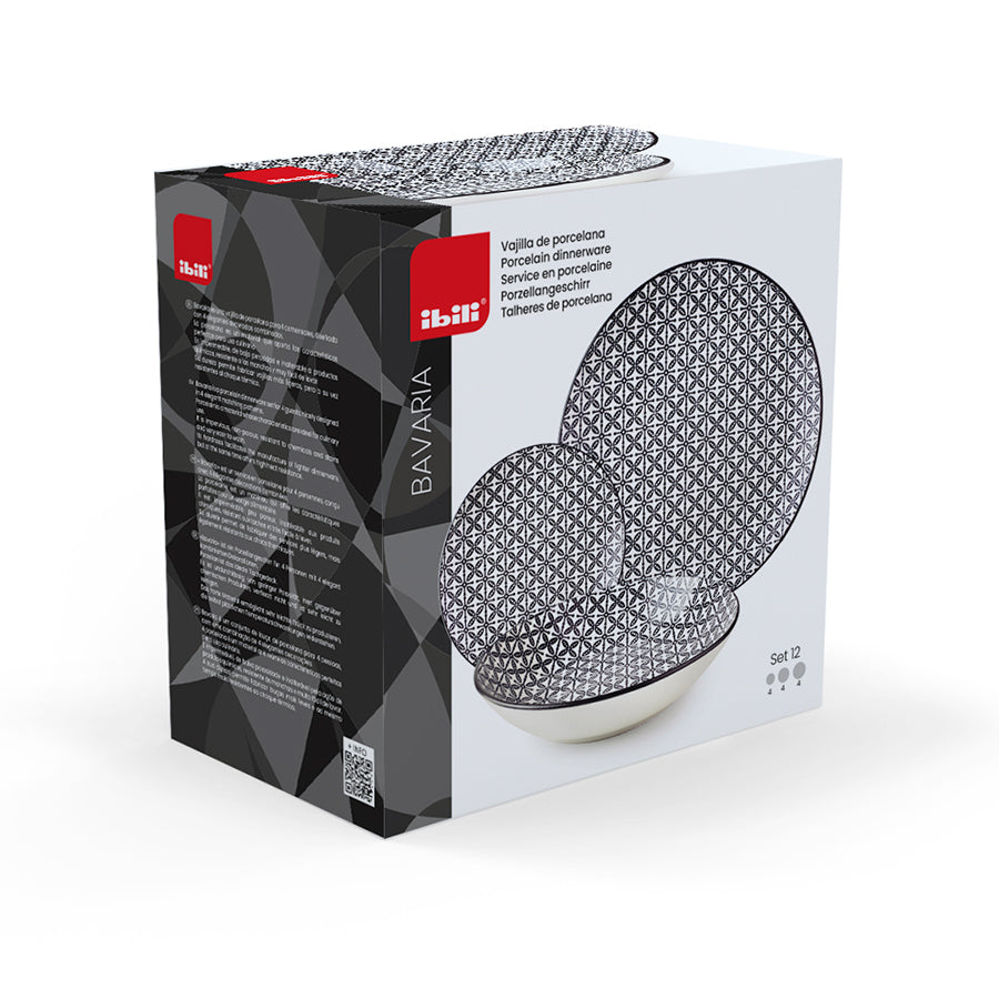 Ibili Speise-Service – 12-teilig, Ø 26,8/20/19,2 cm, Porzellan, Schwarz/Weiss, spülmaschinenfest