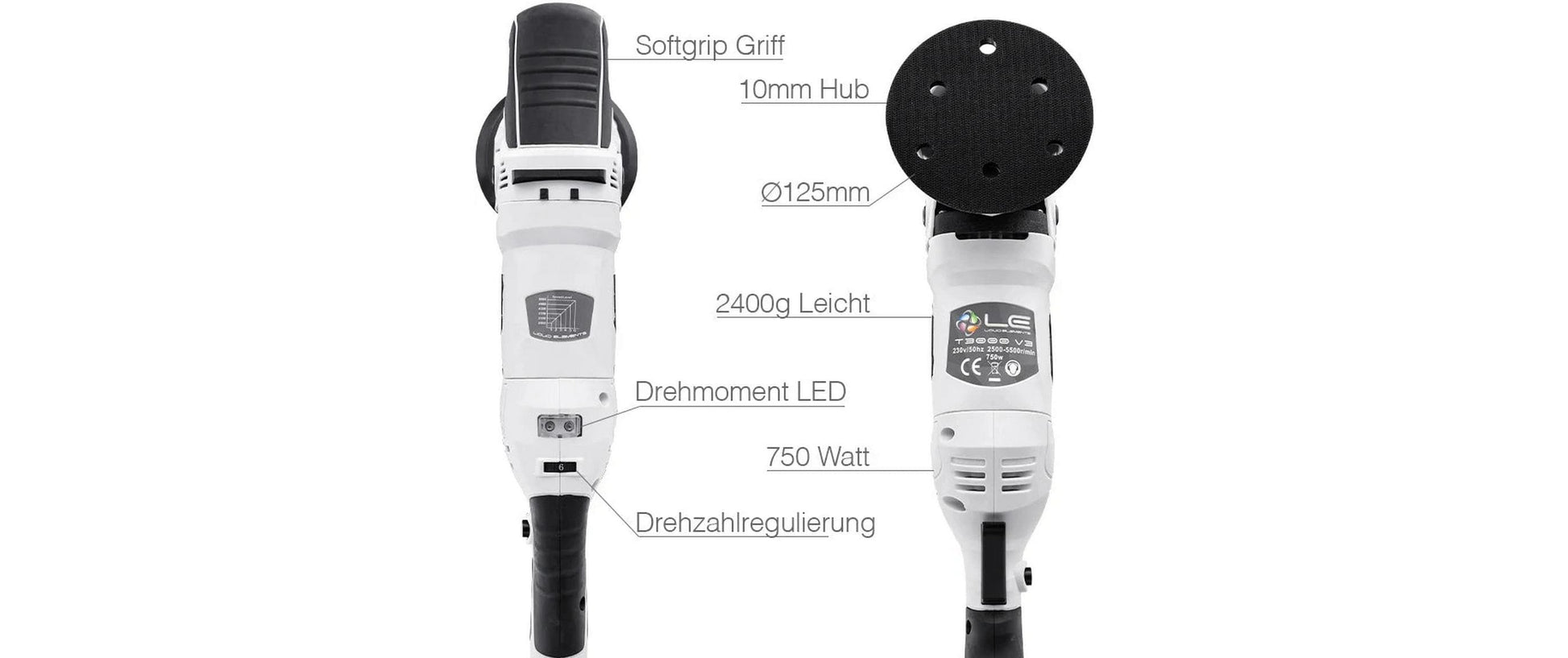 Liquid Elements Poliermaschine T3200 – 750 W – Ø 125 mm – Set