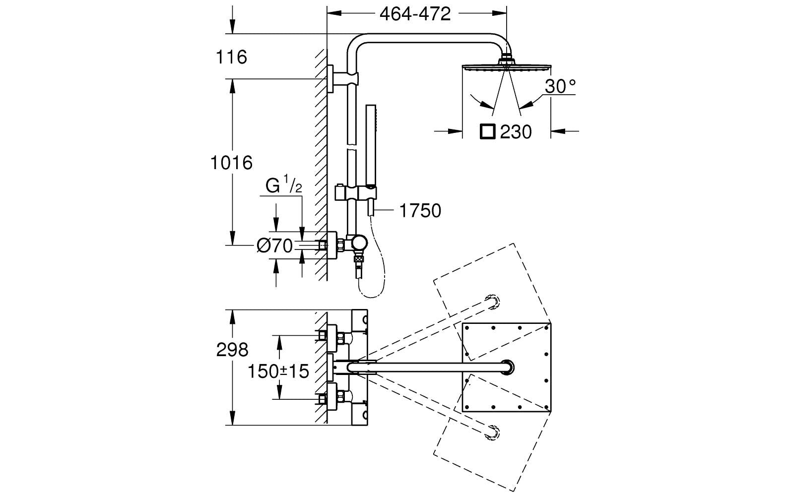 GROHE Duschsystem Euphoria – Duschsäule 45 cm, Schlauch 175 cm, Messing/Chrom, Wandmontiert