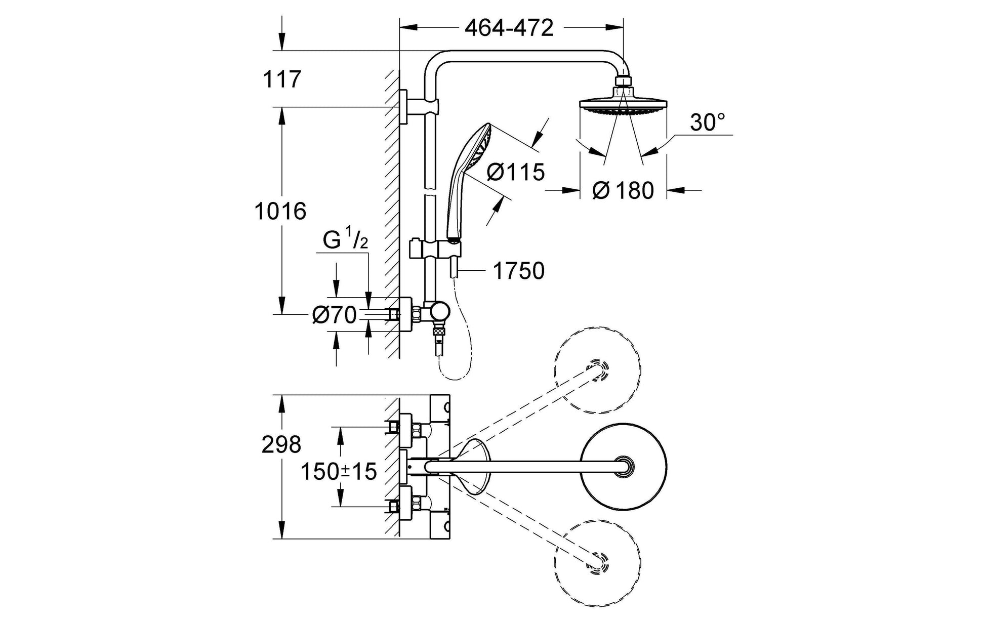 GROHE Euphoria Badebatterie (Unterputz) – 175 cm Schlauch, Messing, Chrom