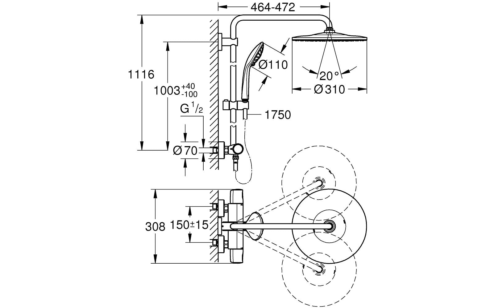 GROHE Vitalio System 310 Duschsystem – Thermostat, Metall, Wandmontiert, Chrom, Schlauchlänge 175 cm