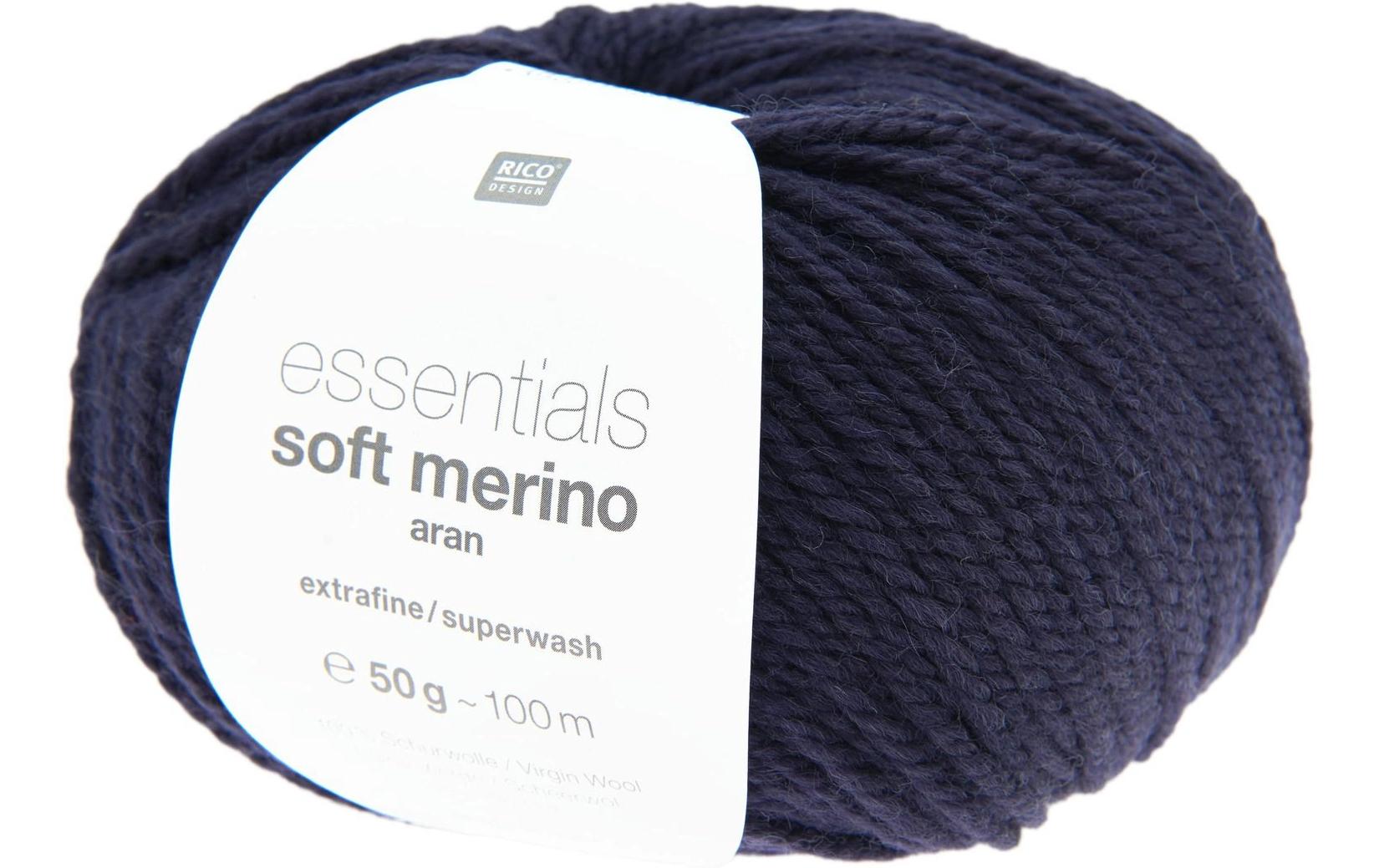 Rico Design Essentials Soft Merino Wolle Aran Nachtblau – 50 g, 100 m, Nadel 5 mm, 100% Schurwolle (superwash)