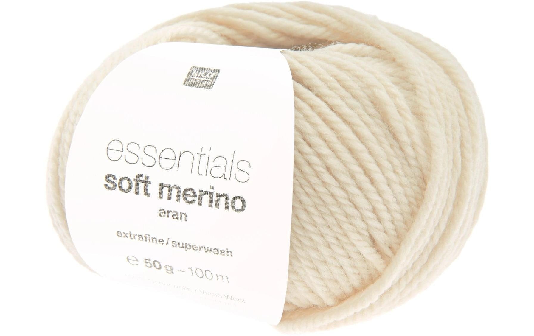 Rico Design Essentials Soft Merino Aran Wolle Creme – 50 g, 100 m, Nadel 5 mm, 100% Schurwolle (superwash)