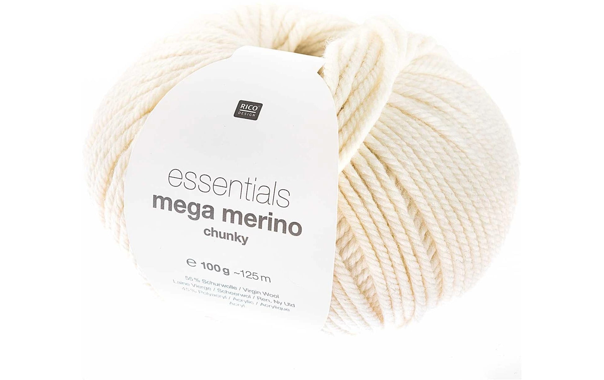 Rico Design Essentials Mega Wool Chunky Wolle Creme – 100 g, 115 m, Nadel 6 mm, 55% Schurwolle/45% Polyacryl