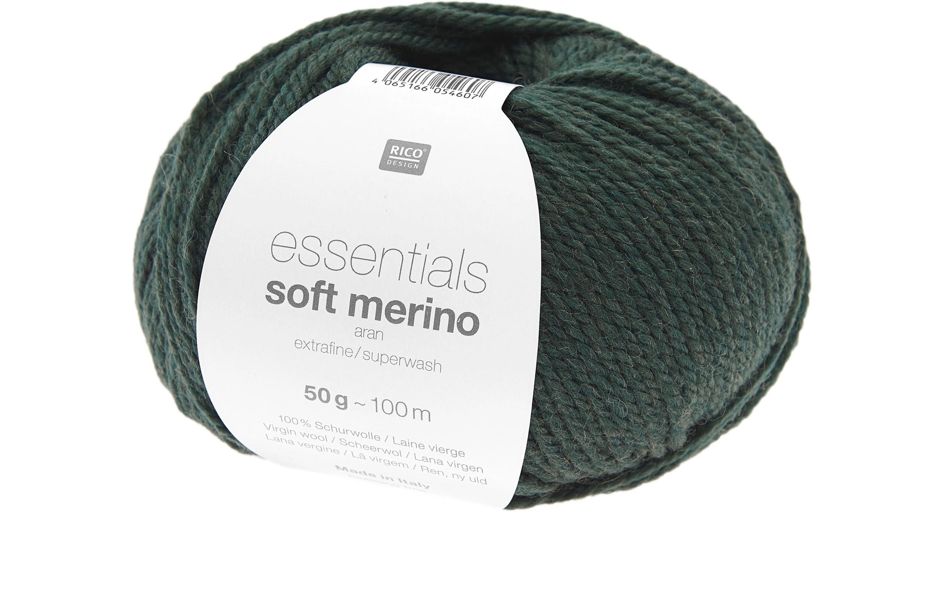 Rico Design Essentials Soft Merino Wolle Aran Dunkelgrün – 50 g, 100 m, Nadel 5 mm, 100% Schurwolle, 1 Stk.