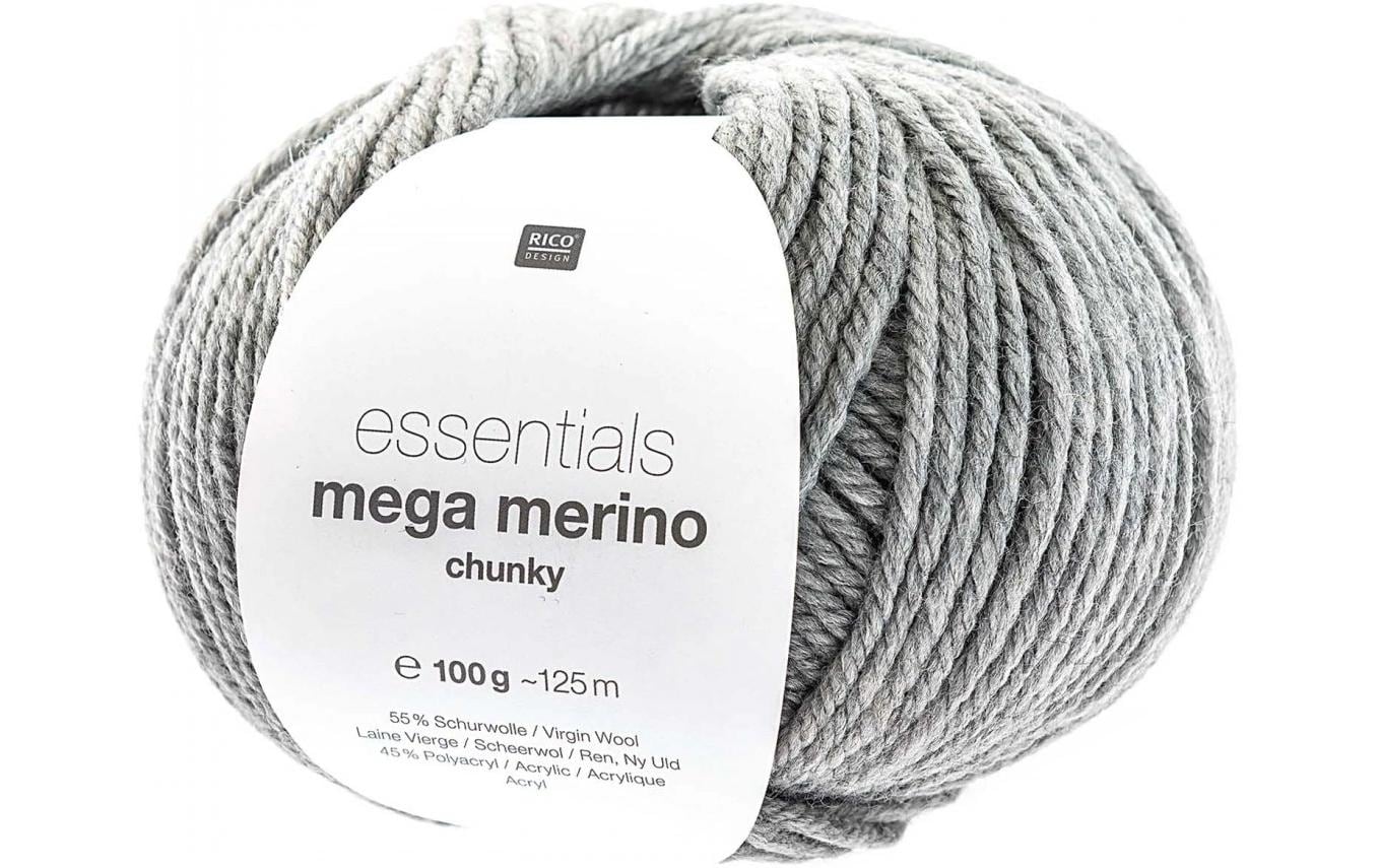 Rico Design Essentials Mega Wool Chunky Wolle Hellgrau – 100 g, 125 m, 55% Schurwolle/45% Polyacryl, Nadel 6 mm