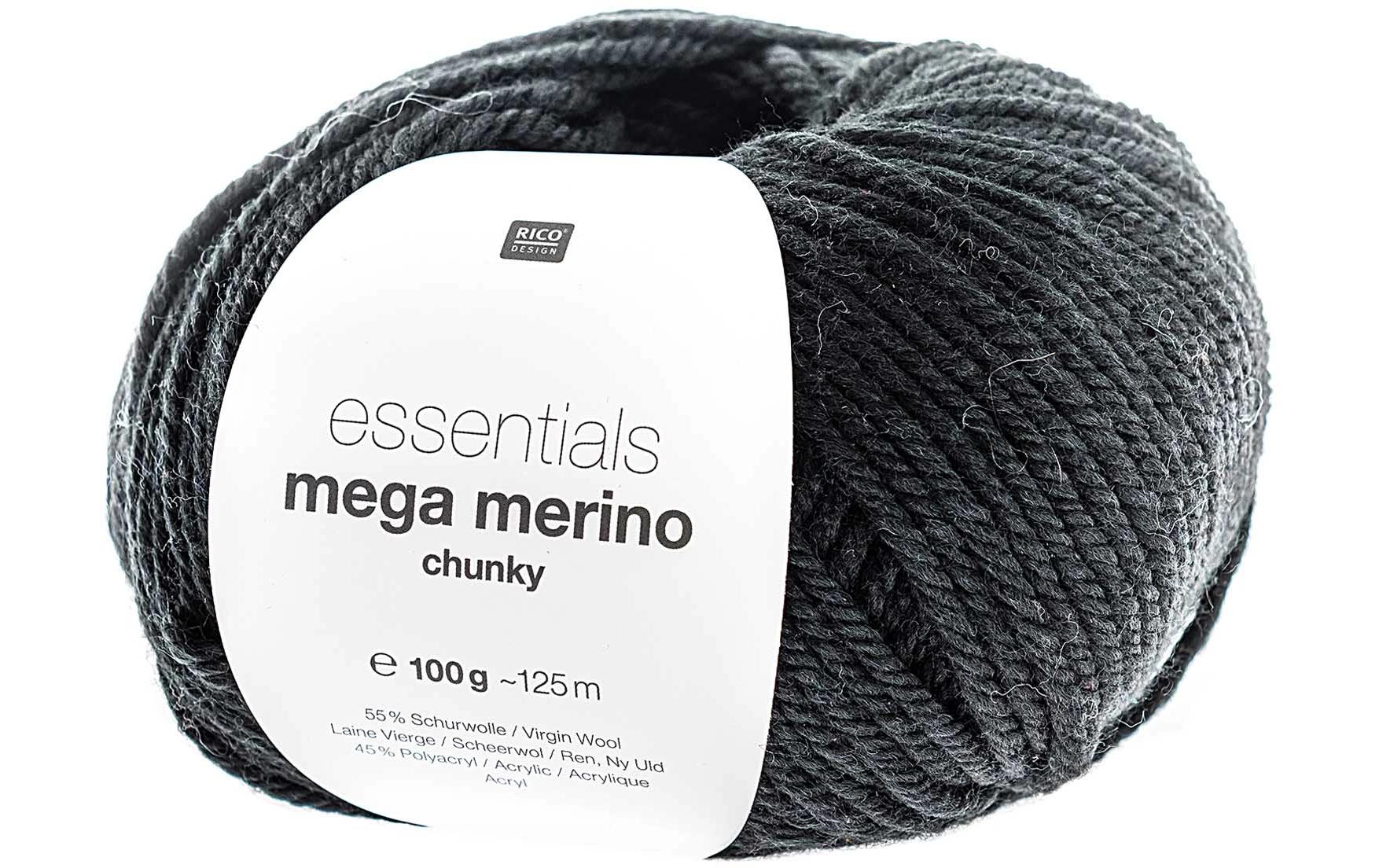 Rico Design Essentials Mega Wool Chunky Wolle Schwarz – 100 g, 125 m, Nadel 6 mm, 55% Schurwolle/45% Polyacryl