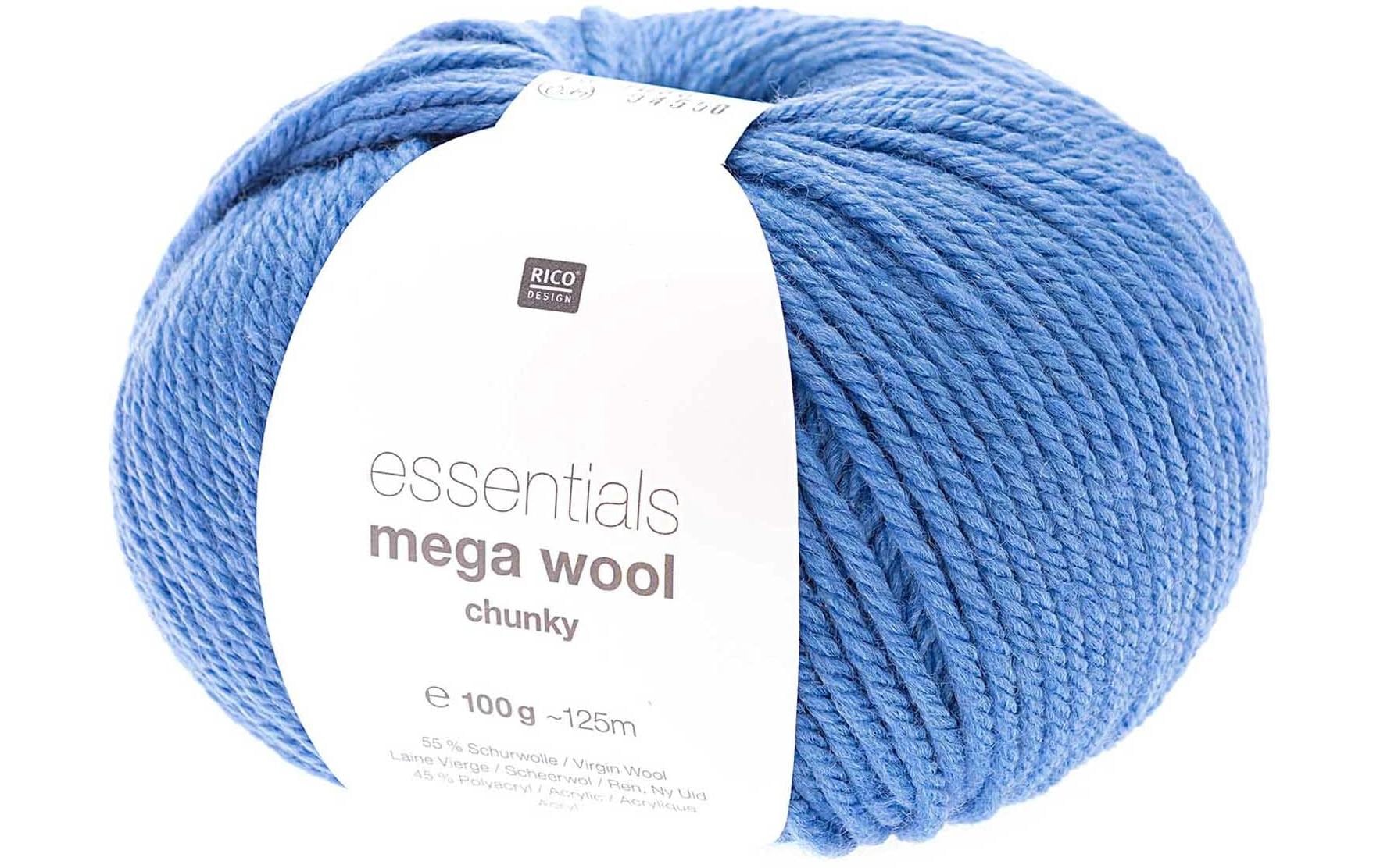 Rico Design Essentials Mega Wool Chunky Wolle Azur – 100 g, 125 m, Nadel 6 mm, 55% Schurwolle/45% Polyacryl