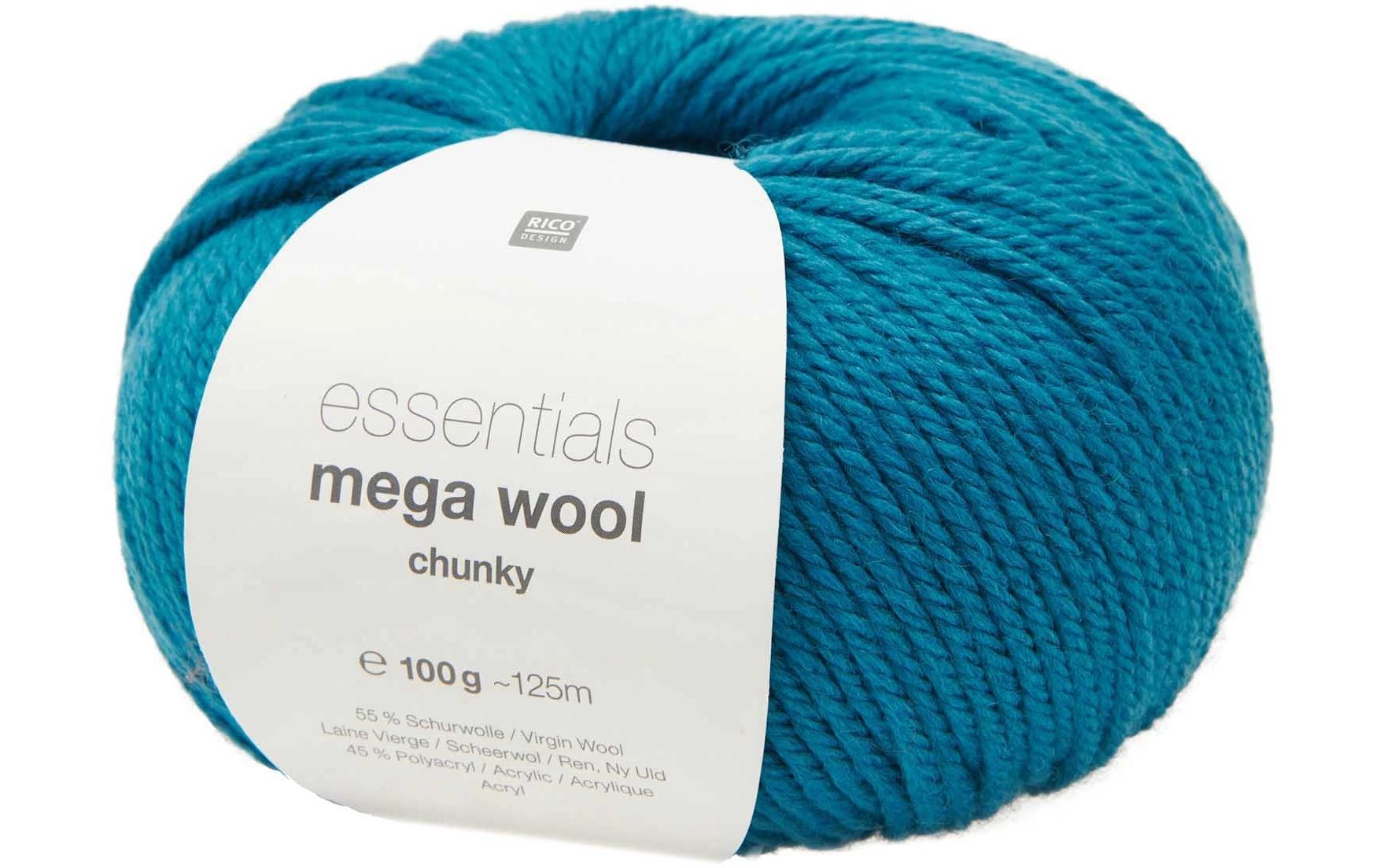 Rico Design Essentials Mega Wool Chunky Wolle Türkis – 100 g, 125 m, 55% Schurwolle/45% Polyacryl, Nadel 6 mm