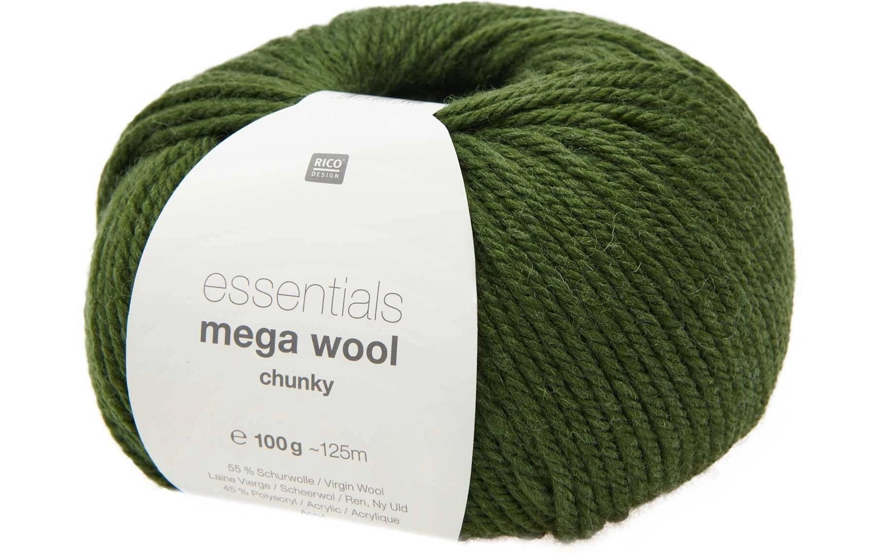 Rico Design Essentials Mega Wool Chunky Wolle Olivgrün – 100 g, 125 m, 55% Schurwolle/45% Polyacryl, Nadel 6 mm