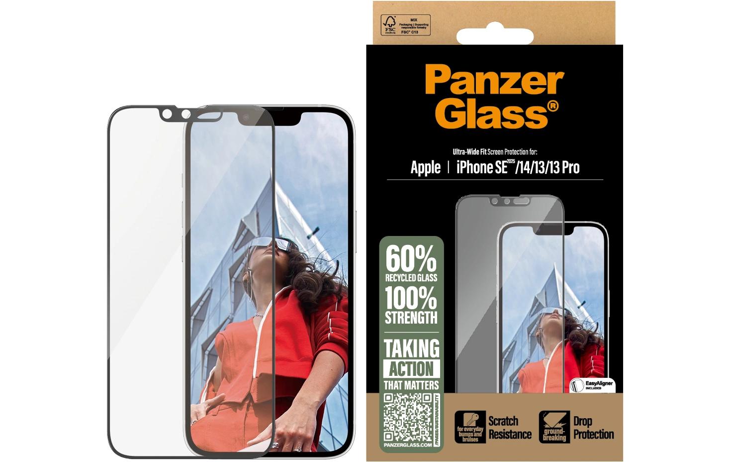PanzerGlass Displayschutz (Panzerglas), Ultra-Wide Fit – für iPhone 13/13 Pro/14 u. a. – mit Applikator