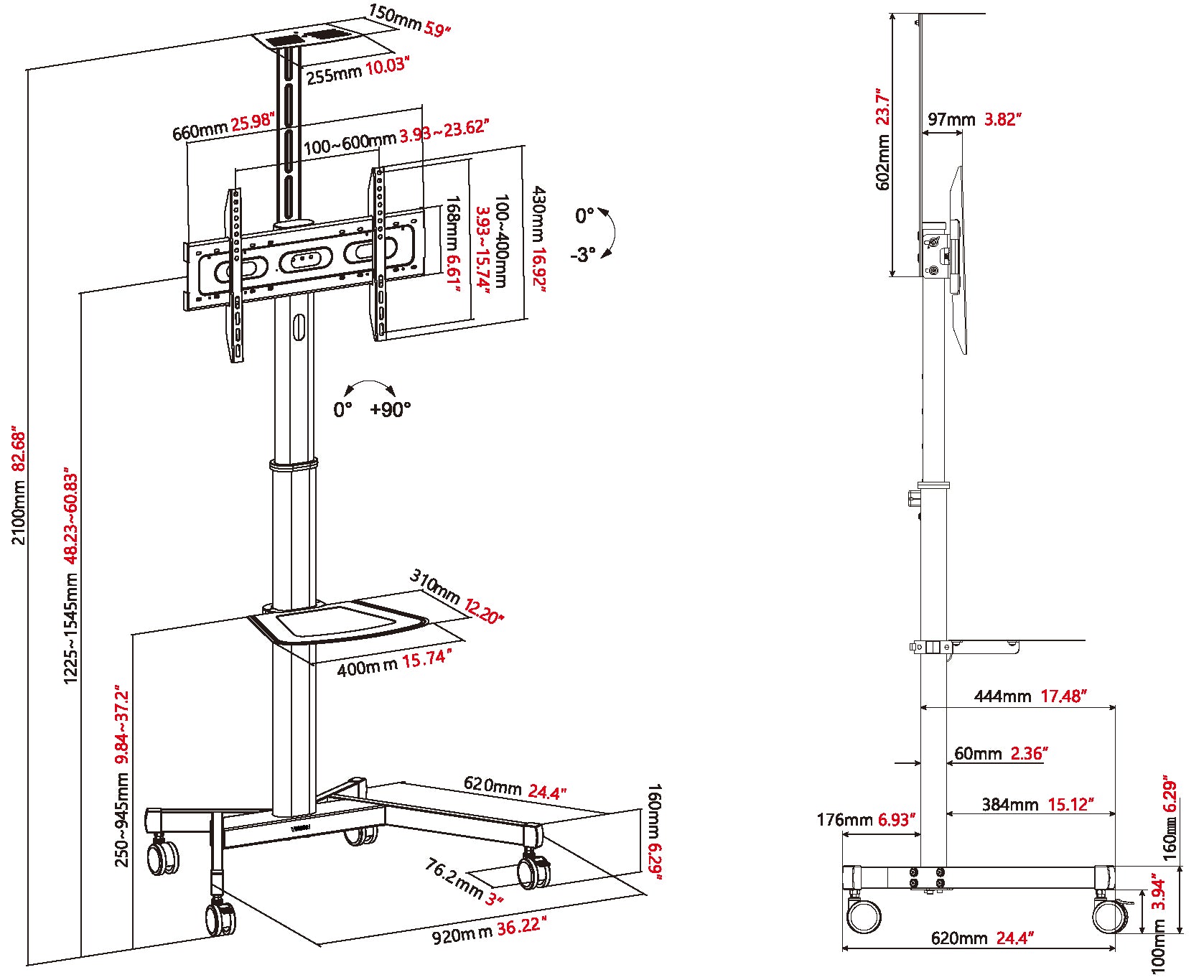 Vision TV-Wagen – 31–80" – VESA 200×200–600×400 – bis 50 kg, Höhenverstellbar, mit Rollen – VFM-F19