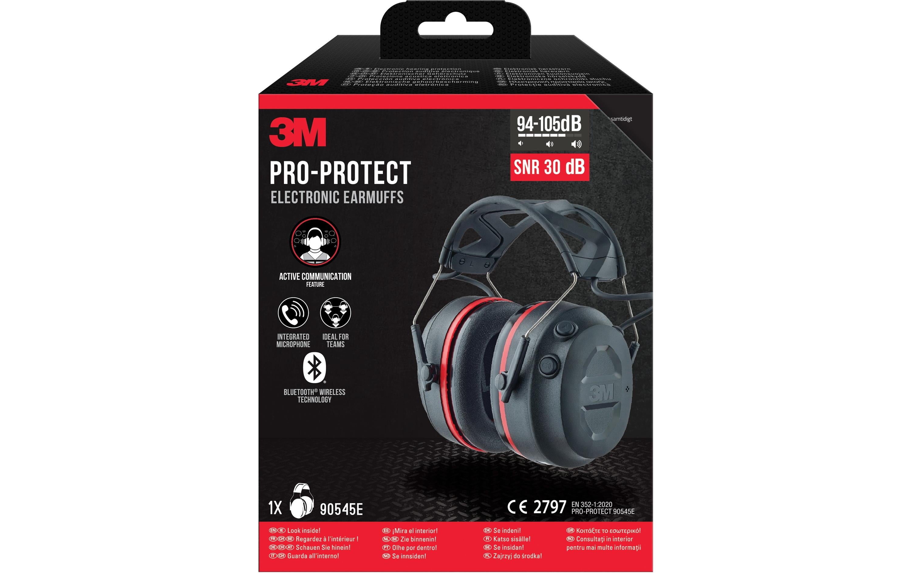 3M Pro-Protect Kapselgehörschutz 90545E – Bluetooth, mit Mikrofon, SNR 30 dB, Schwarz