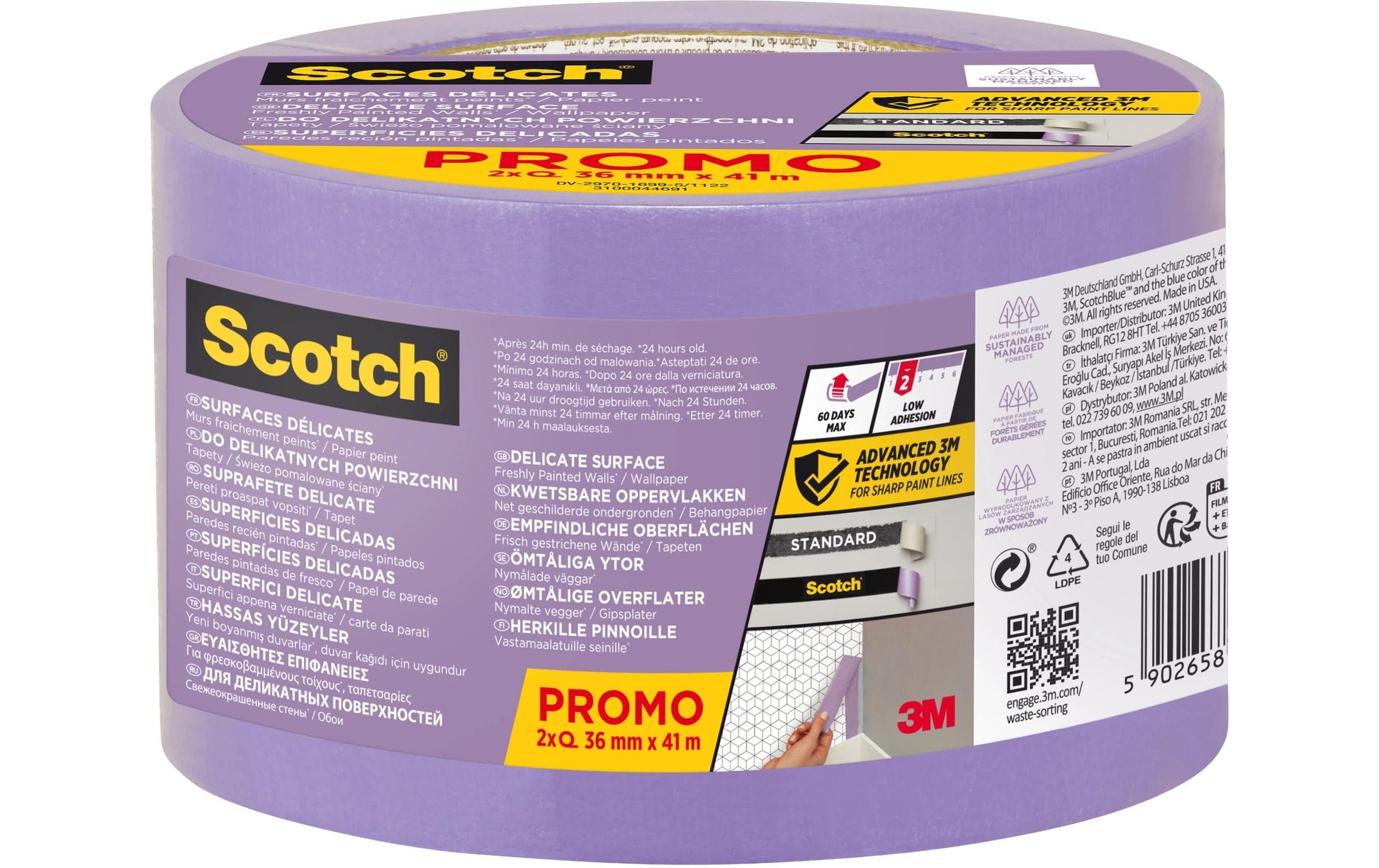 3M Malerband, Violett – 36 mm × 41 m, Innen, UV-beständig, Rückstandsfrei bis 60 Tage, 2 Rollen