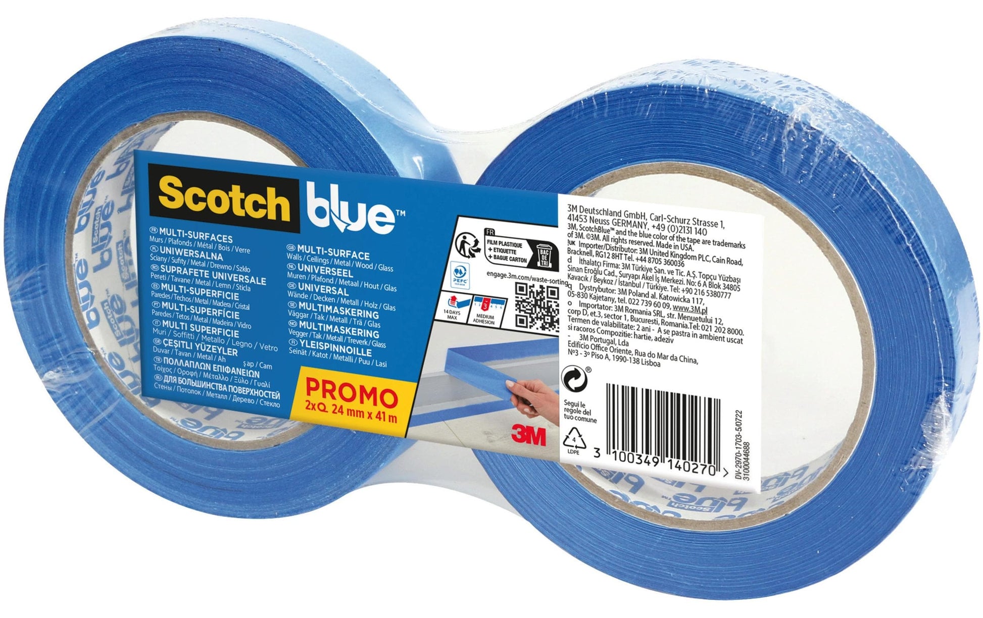 3M Malerband ScotchBlue, blau – 24 mm × 41 m, innen/aussen, UV-beständig, rückstandsfrei bis 14 Tage, 2 Rollen