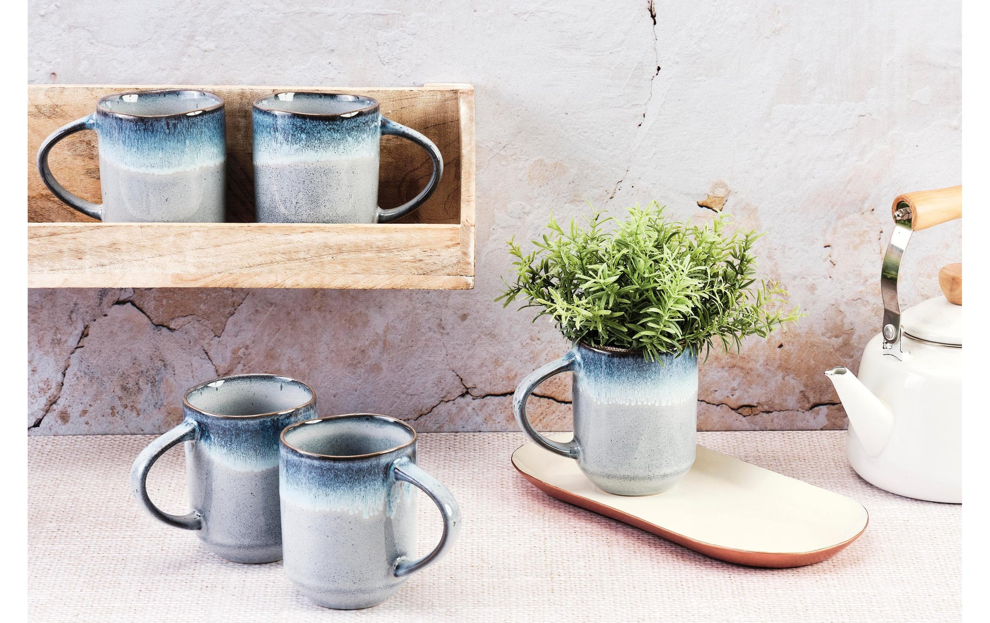 Björn GENESIS Tasse – 0,40 l, Steingut, Blau, Spülmaschinengeeignet, Mikrowellengeeignet, 6 Stück