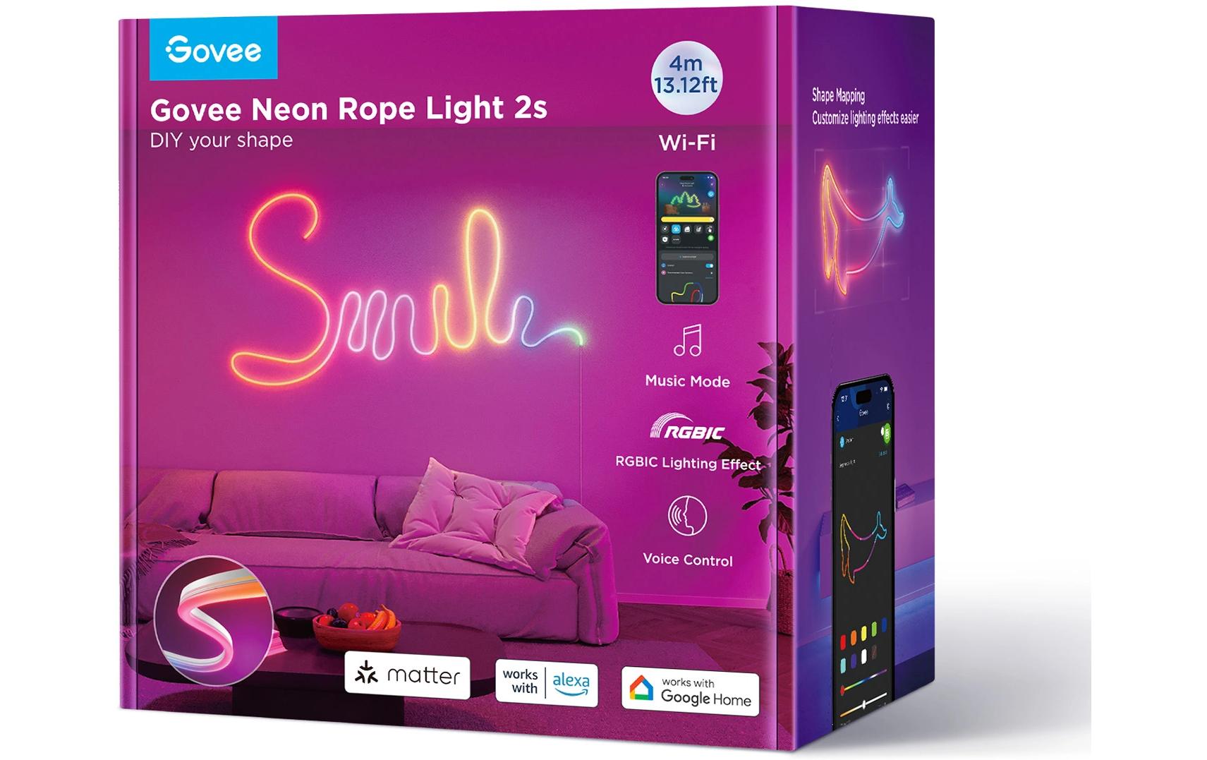 Govee LED-Streifen Neon Matter – 4 m, 48 W, RGBIC, BT, für Alexa, weiss