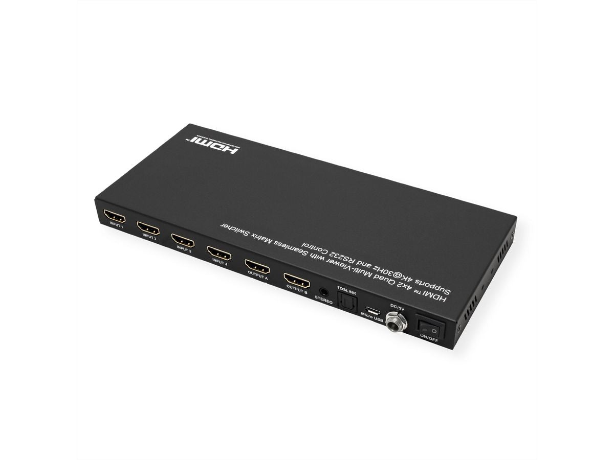 VALUE HDMI Matrix 4×2, 4K@30 Hz, Quad Multi-Viewer, HDCP 1.4, RS-232/IR, Toslink/Stereo, Schwarz