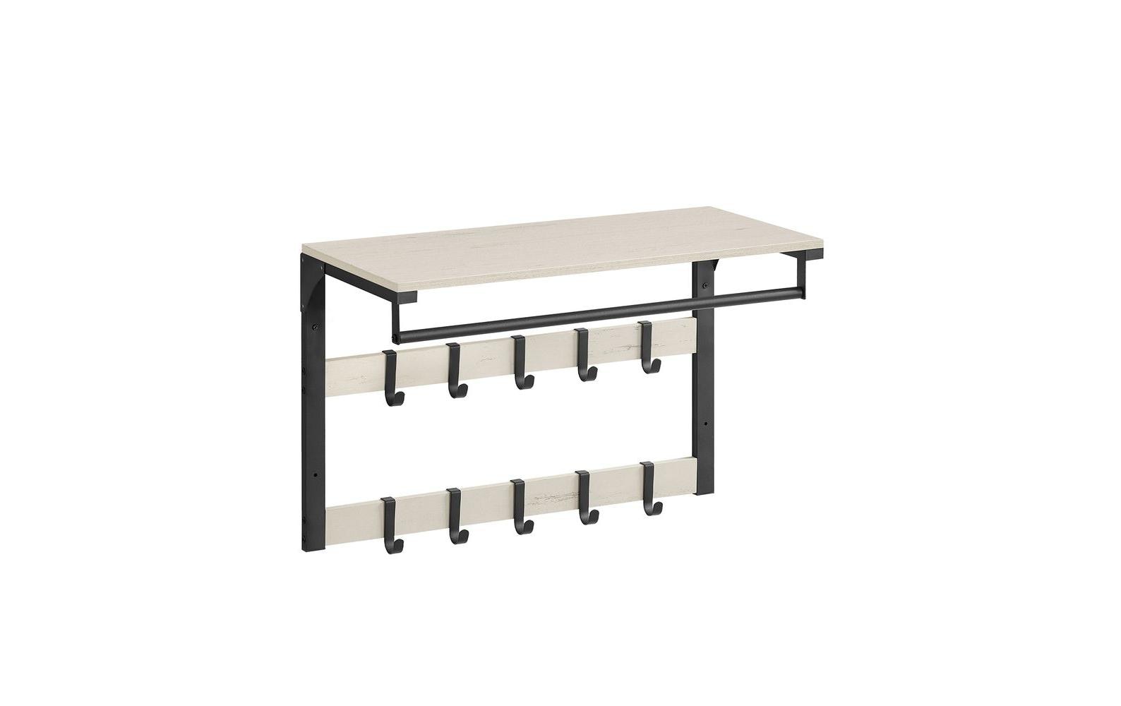 Vasagle Wandgarderobe – 10 Haken, mit Ablage, Stahl/Spanplatte, Schwarz/Weiss, 65 × 30 × 42 cm