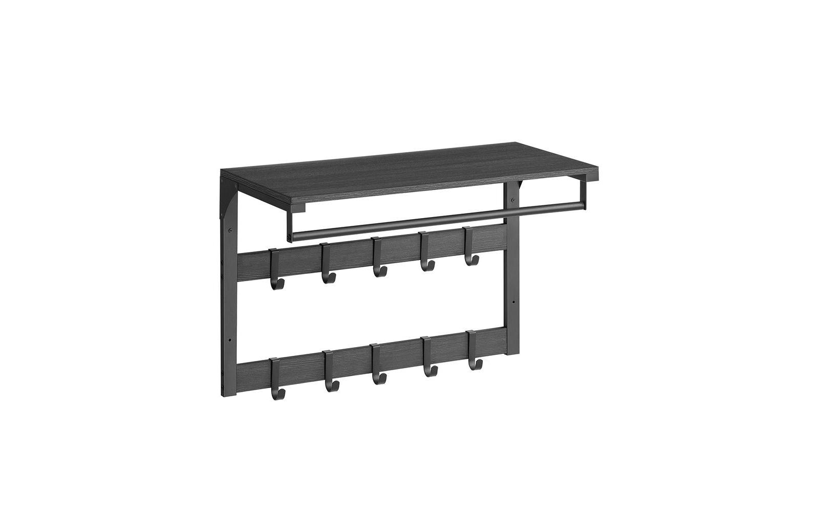 Vasagle Wandgarderobe – 10 Haken, mit Ablage, Stahl/Spanplatte, Schwarz, 65 × 30 × 42 cm