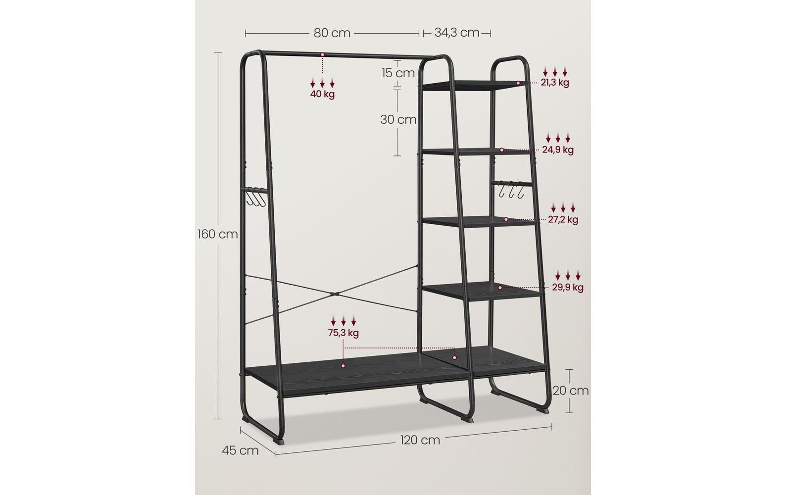 Vasagle Garderobenständer – 6 Haken, Stahl/Spanplatte, Schwarz, 120 × 45 × 160 cm