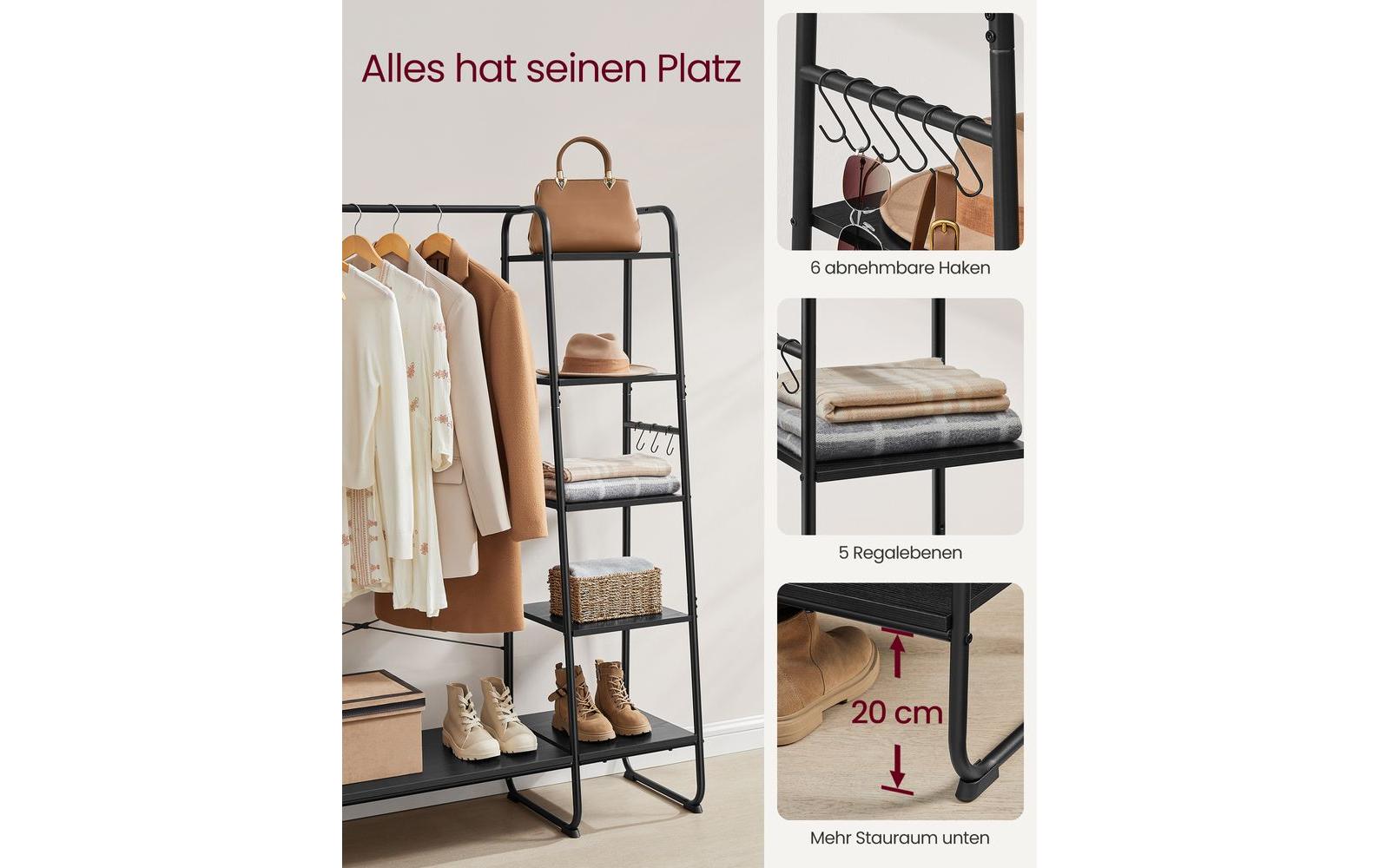 Vasagle Garderobenständer – 6 Haken, Stahl/Spanplatte, Schwarz, 120 × 45 × 160 cm