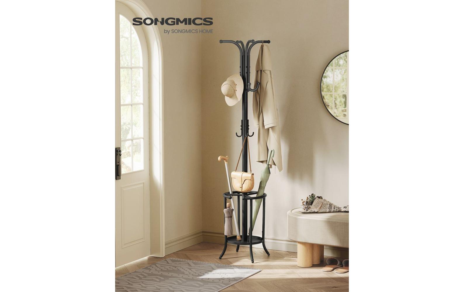 Songmics Garderobenständer – 12 Haken, mit Schirmhalter, Stahl, Schwarz, 40 × 40 × 175 cm