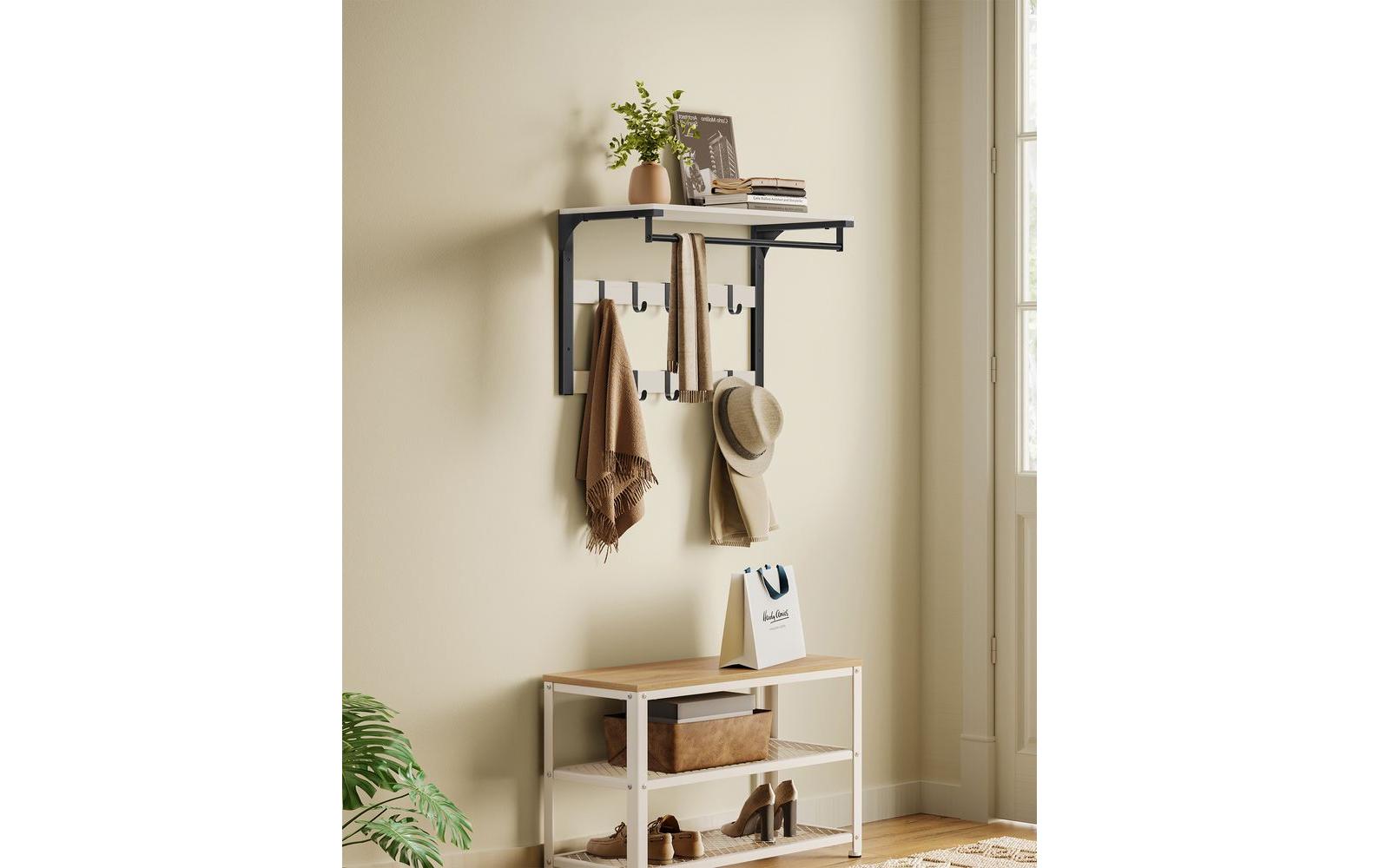 Vasagle Wandgarderobe – 10 Haken, mit Ablage, Stahl/Spanplatte, Schwarz/Weiss, 65 × 30 × 42 cm