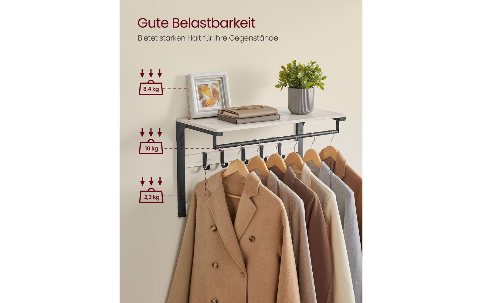 Vasagle Wandgarderobe – 10 Haken, mit Ablage, Stahl/Spanplatte, Schwarz/Weiss, 65 × 30 × 42 cm