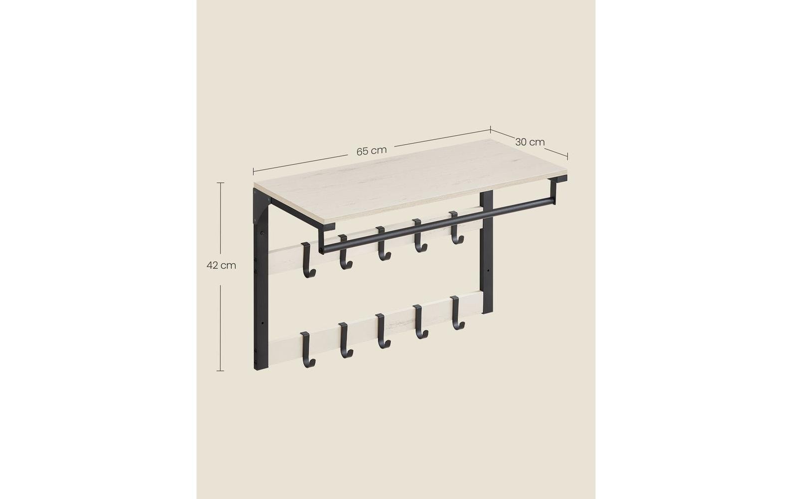 Vasagle Wandgarderobe – 10 Haken, mit Ablage, Stahl/Spanplatte, Schwarz/Weiss, 65 × 30 × 42 cm