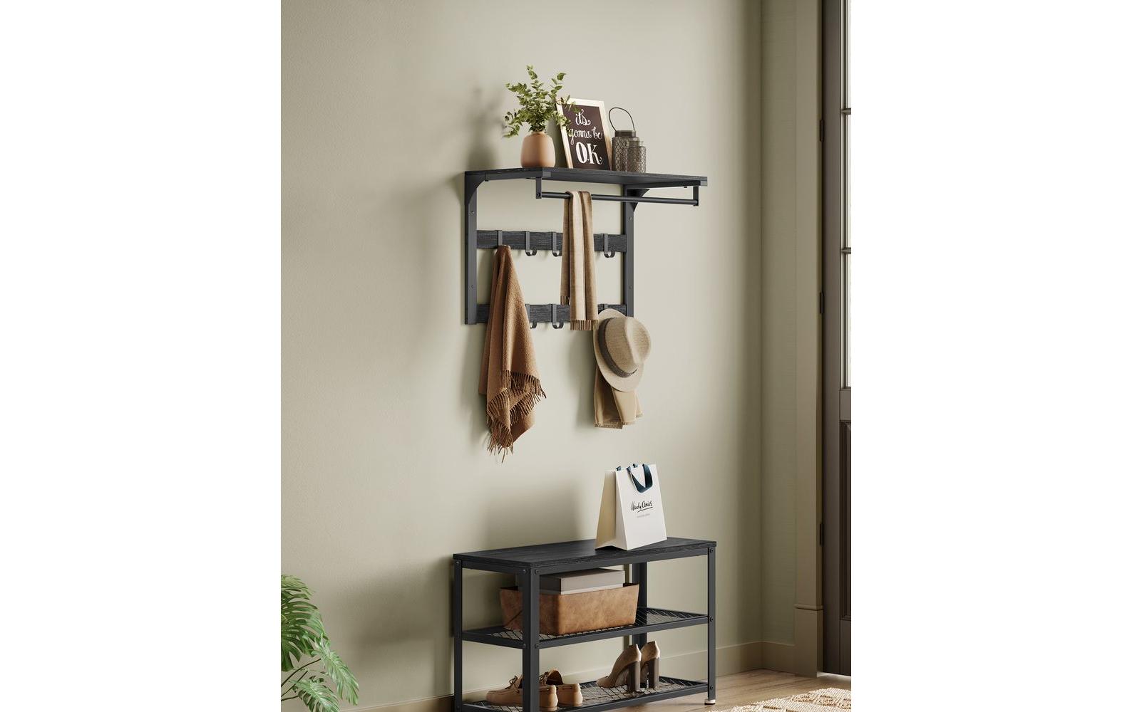 Vasagle Wandgarderobe – 10 Haken, mit Ablage, Stahl/Spanplatte, Schwarz, 65 × 30 × 42 cm