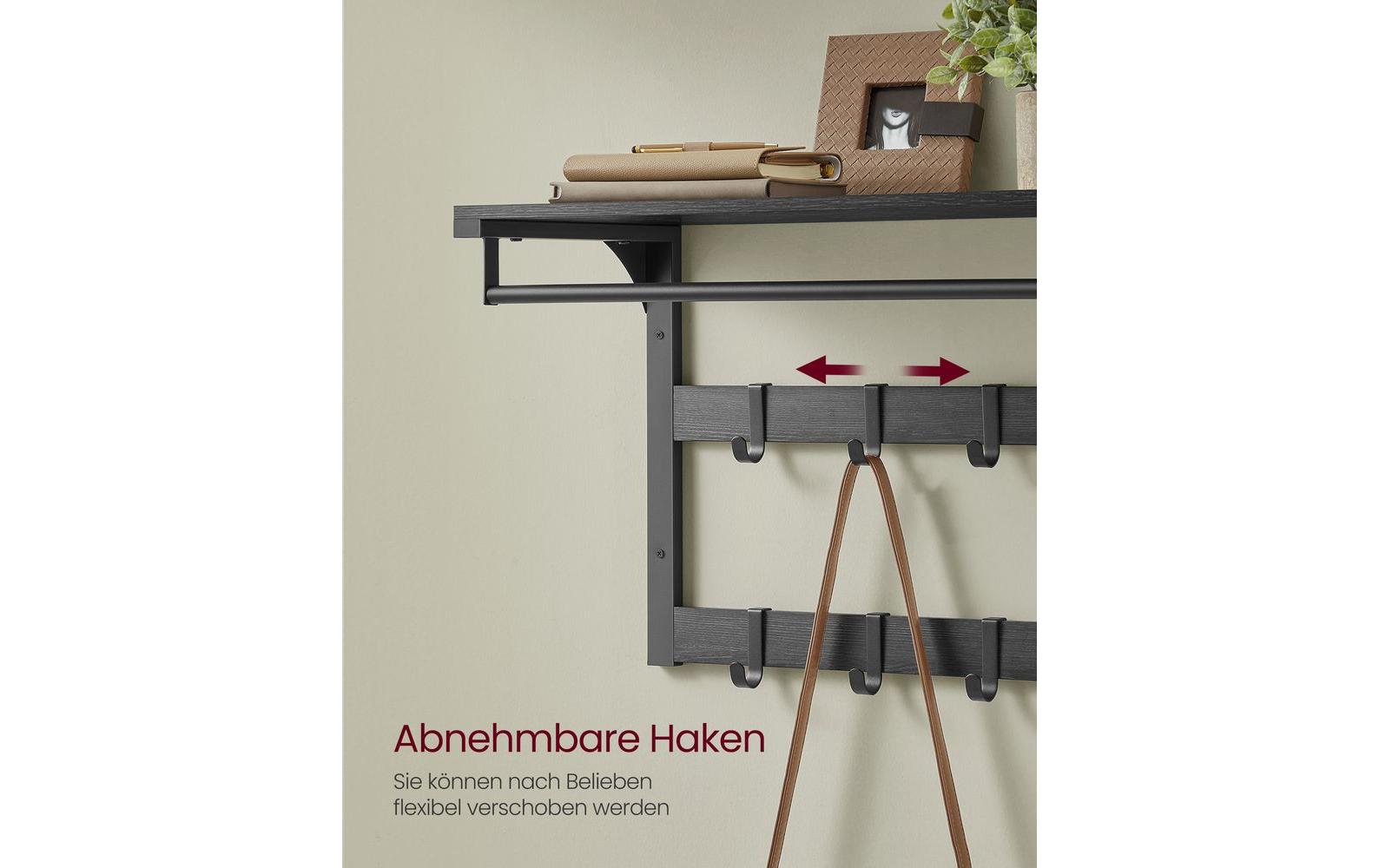 Vasagle Wandgarderobe – 10 Haken, mit Ablage, Stahl/Spanplatte, Schwarz, 65 × 30 × 42 cm