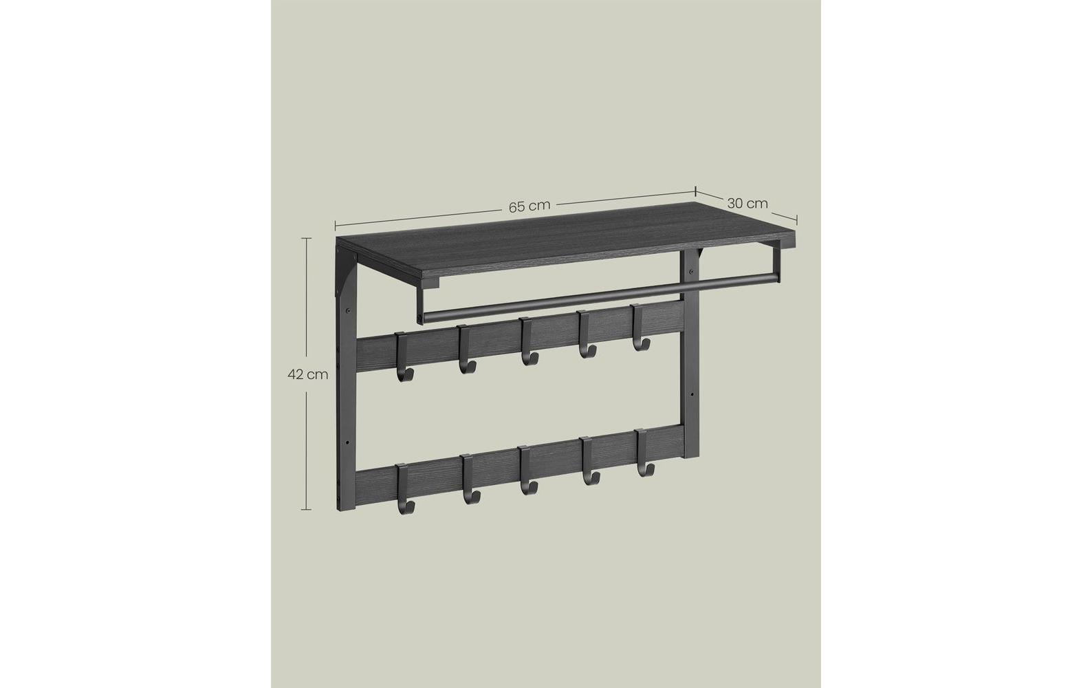 Vasagle Wandgarderobe – 10 Haken, mit Ablage, Stahl/Spanplatte, Schwarz, 65 × 30 × 42 cm