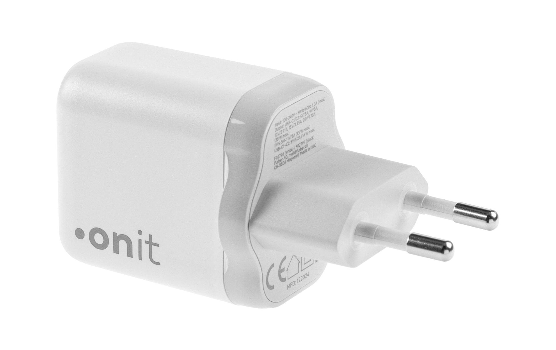 ONIT F02796 USB-Ladegerät 35 W – USB-C×2 – PD 3.0, PPS, QC 3.0, GaN, EU-Stecker (Typ C) – Weiss