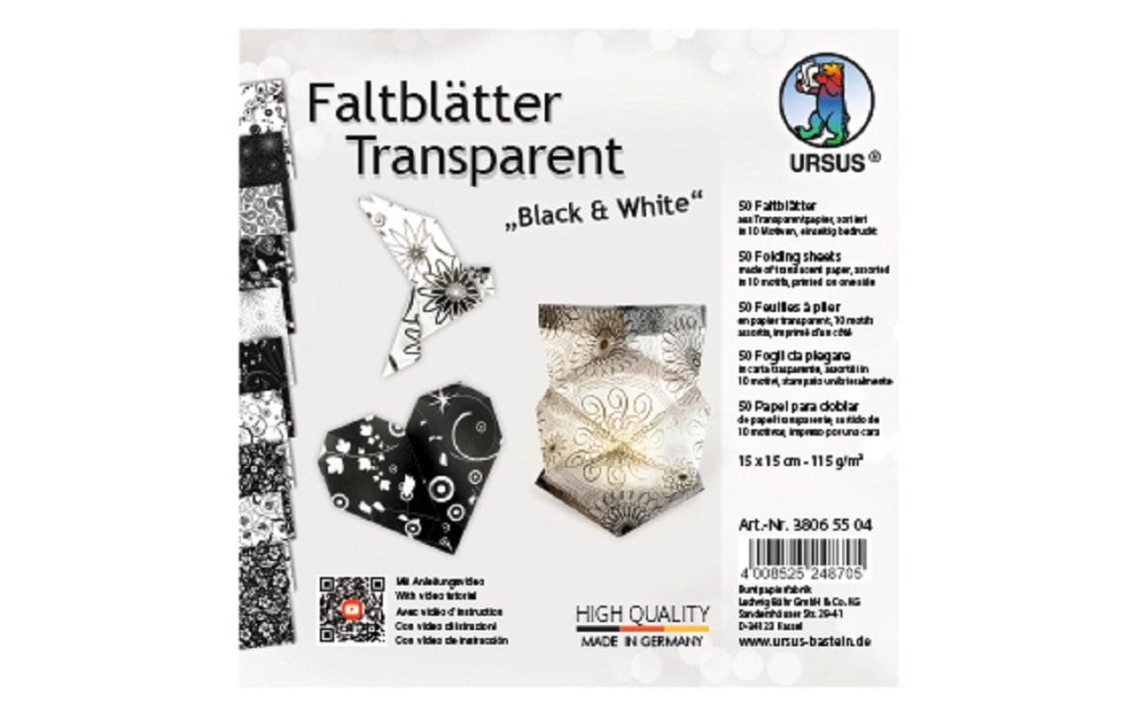 URSUS Origamipapier – 15 × 15 cm, Schwarz/Weiss, Gemustert, 115 g/m² – 50 Blatt
