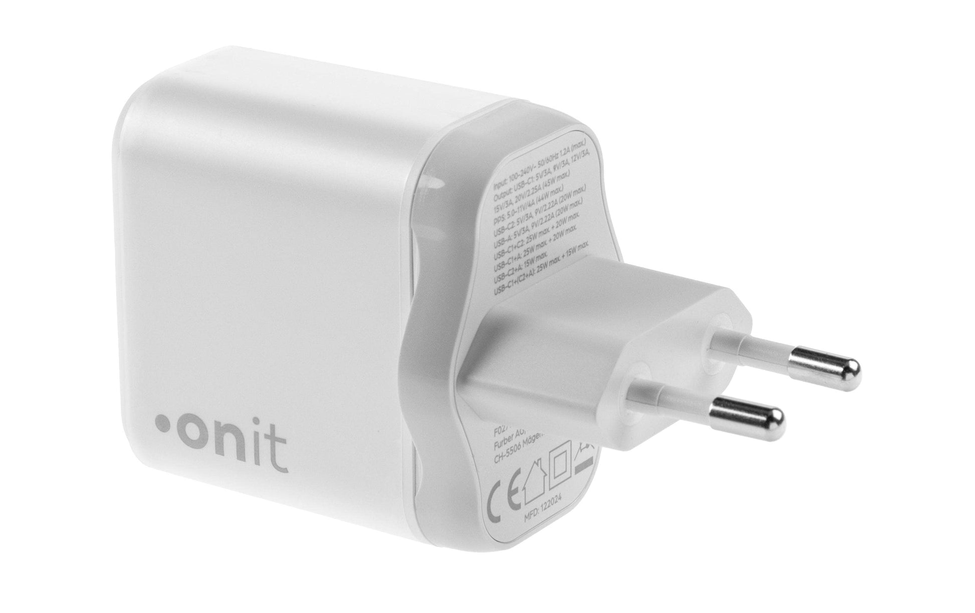 ONIT F02798 USB-Ladegerät 45 W – USB-C×2, USB-A×1 – PD 3.0, PPS, QC 3.0, GaN – EU-Stecker (Typ C), Weiss