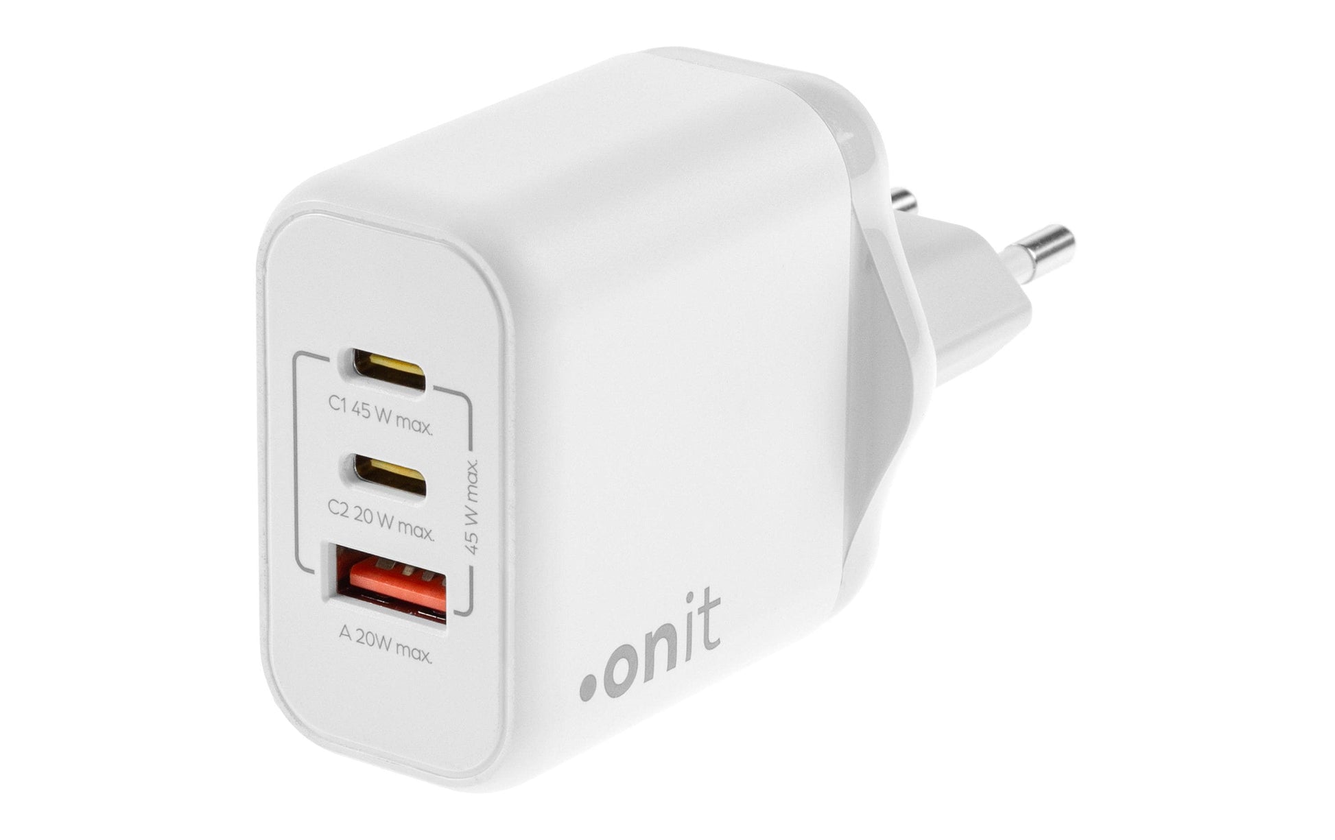 ONIT F02798 USB-Ladegerät 45 W – USB-C×2, USB-A×1 – PD 3.0, PPS, QC 3.0, GaN – EU-Stecker (Typ C), Weiss