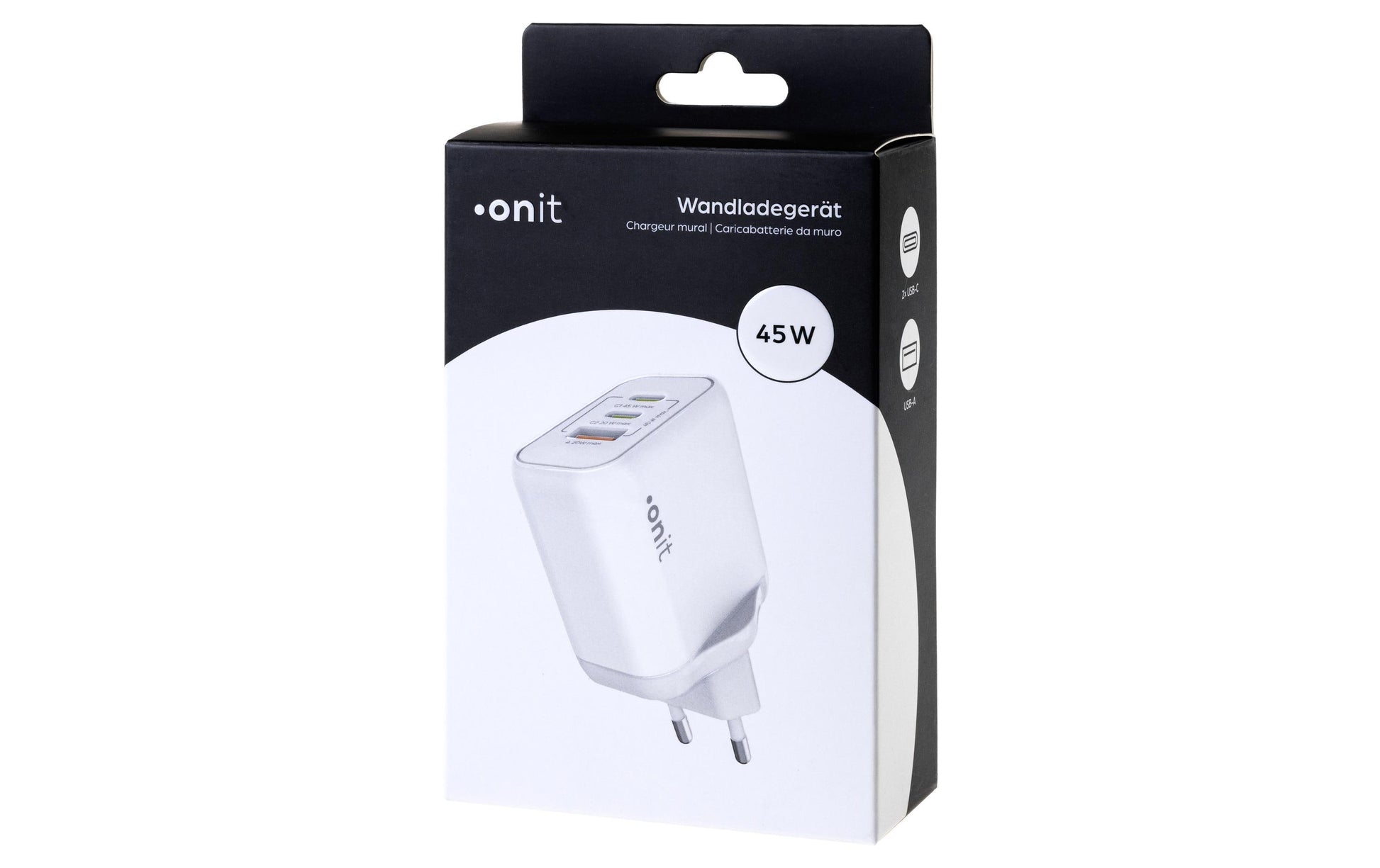 ONIT F02798 USB-Ladegerät 45 W – USB-C×2, USB-A×1 – PD 3.0, PPS, QC 3.0, GaN – EU-Stecker (Typ C), Weiss