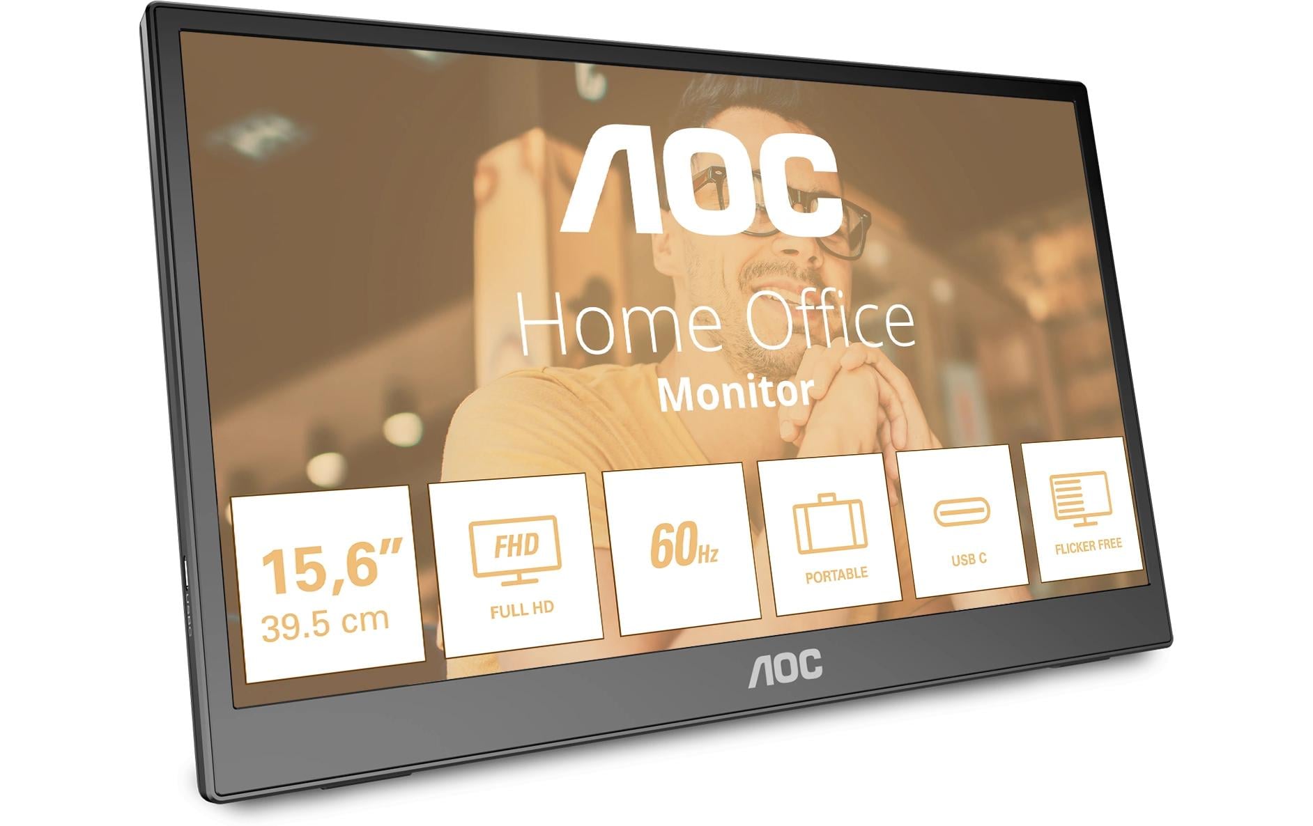 AOC 16T3EA – Portabler Monitor, 15,6", 1920 × 1080 (Full HD), IPS, 60 Hz, 250 cd/m², VESA 75 × 75, Schwarz