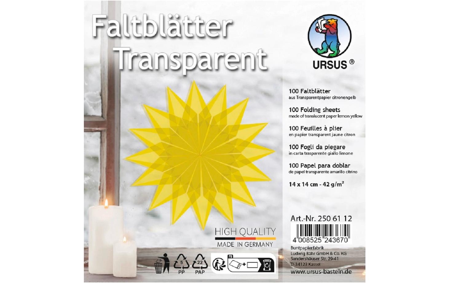 URSUS Origamipapier – 14 × 14 cm, transparent, gelb, 42 g/m² – 100 Blatt